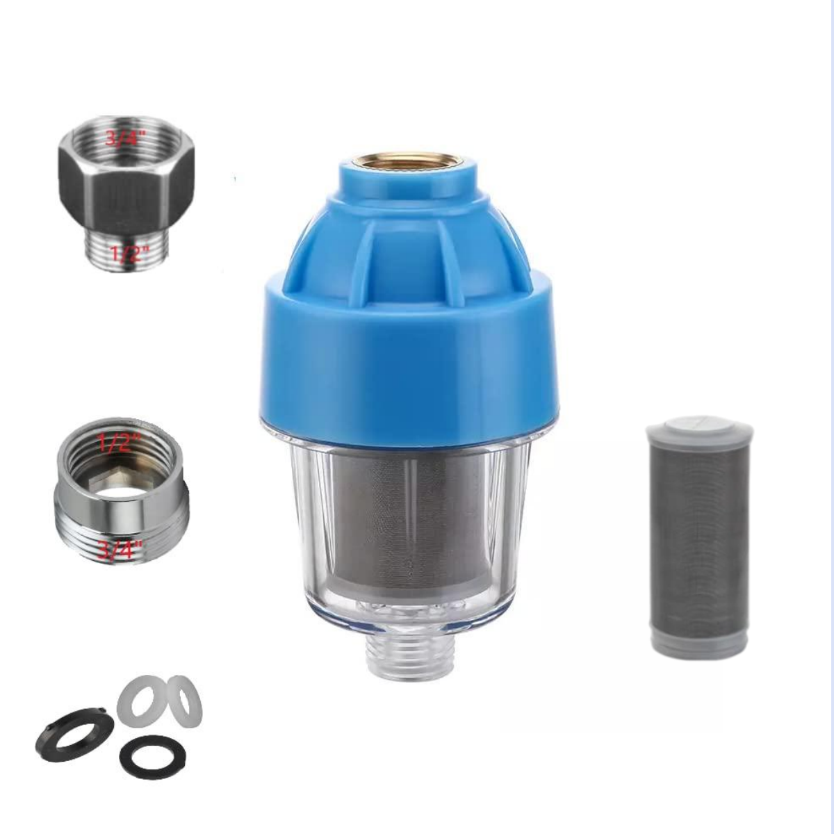 Filtr przeciwpiaskowy, przeciwrdzewny i przeciwkamieniowy do pomp wodnych do pralek i zmywarek z adapterami 3/4" i 1/2". Nadaje się do studn