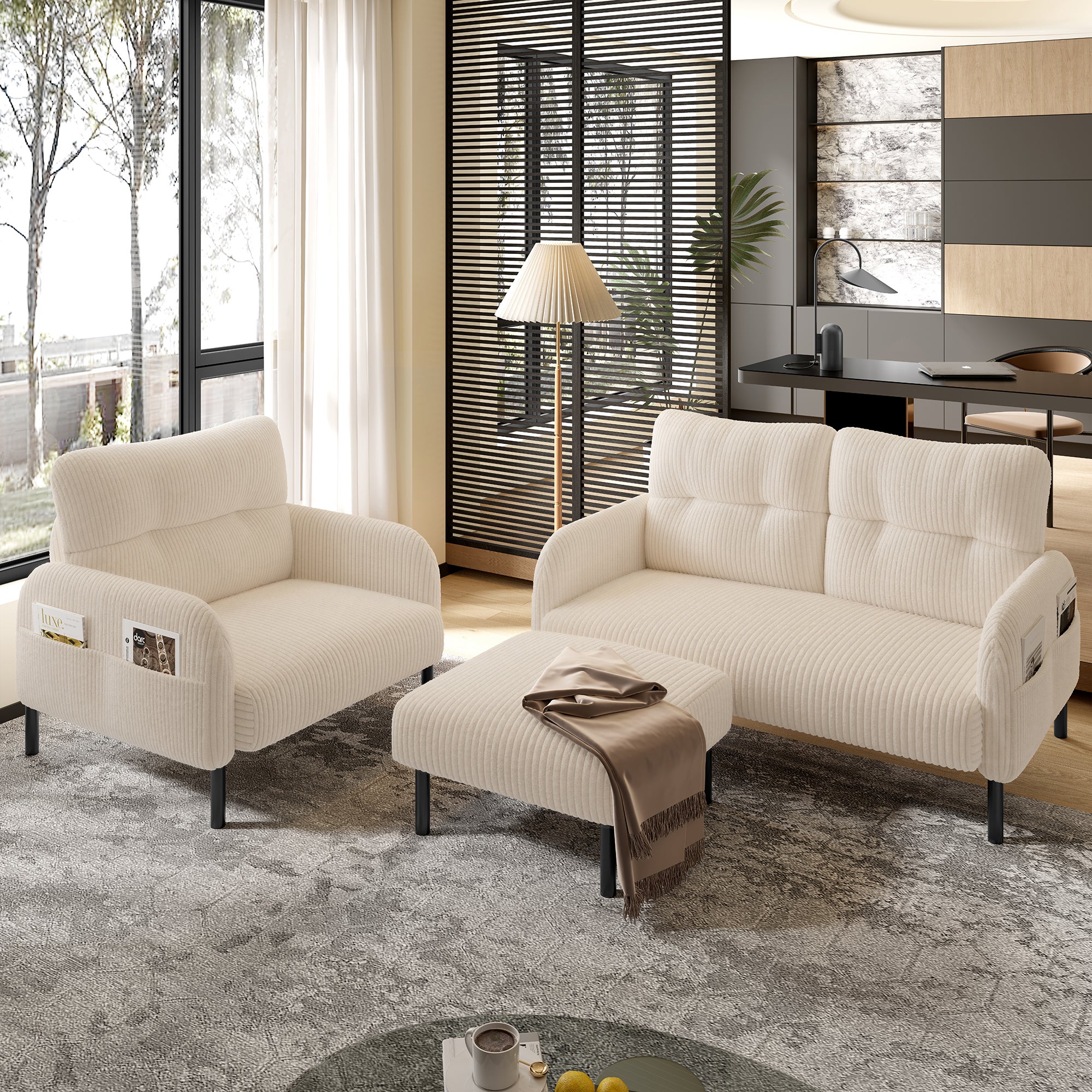 Zestaw Sofa Cord 3 Części Sofa 2-Osobowa z Fotelem i Pufą Beżowa do Salonu