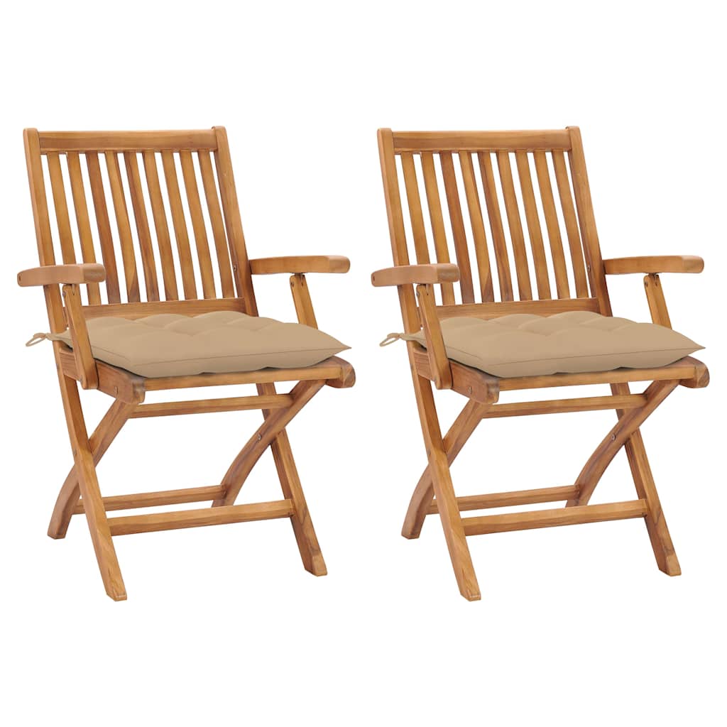 2x Krzesło Ogrodowe Składane Tekowe z Beżowymi Poduszkami na Taras
