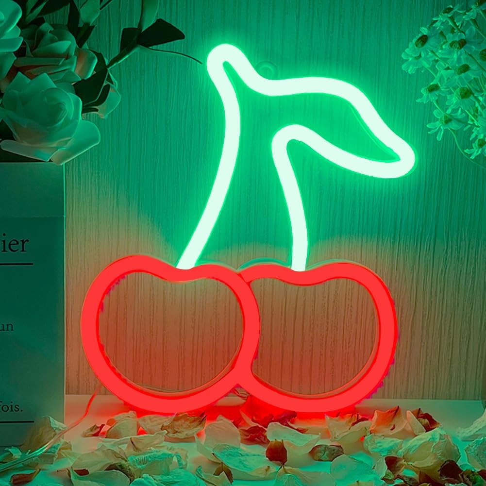 Neonowa lampa owocowa w kształcie wiśni do sypialni, zasilana przez USB lub na baterie, dekoracja ścienna do pokoju dziecięcego, rozświetlona na przyj