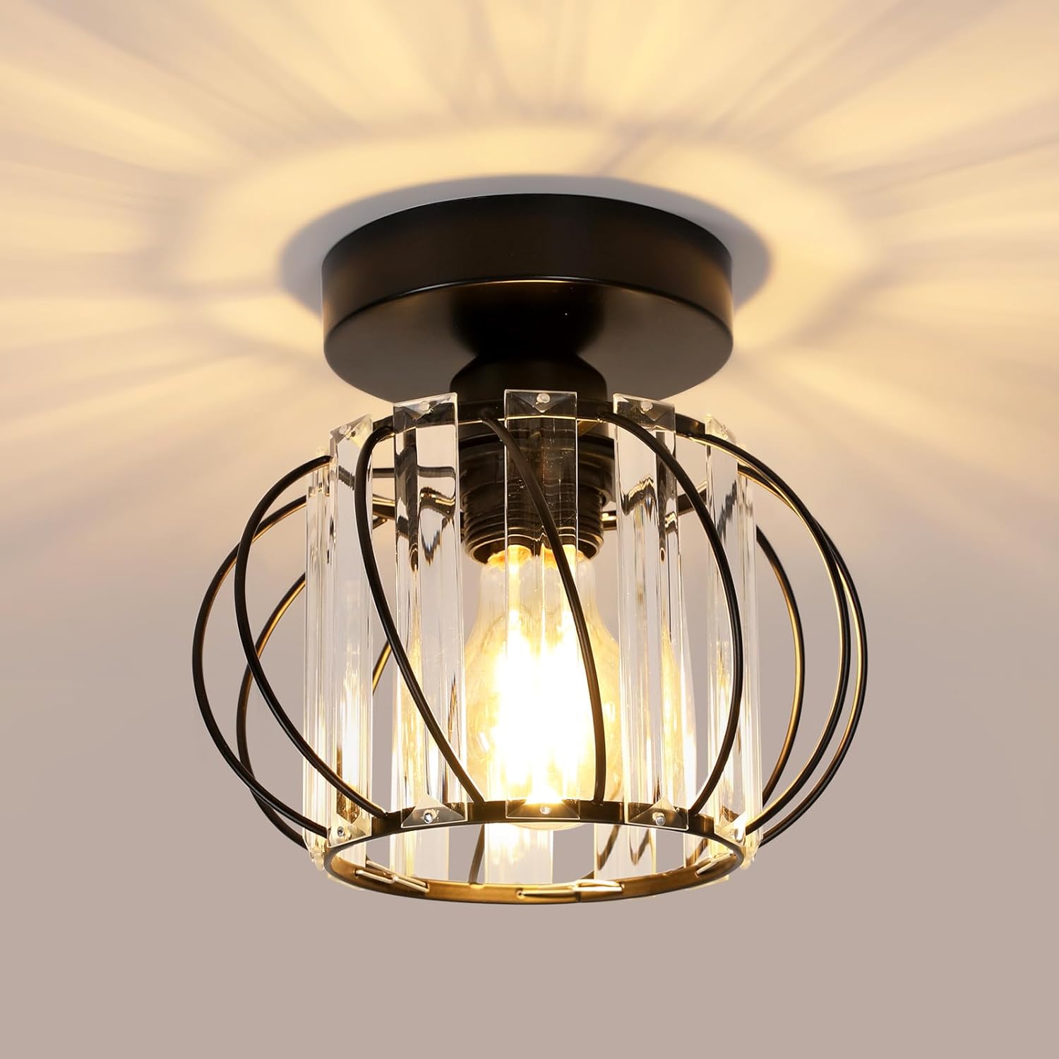 Nowoczesna lampa sufitowa LED E27 z kryształami, mini kryształowy żyrandol do kuchni, jadalni, sypialni, przedpokoju i wejścia (czarny)