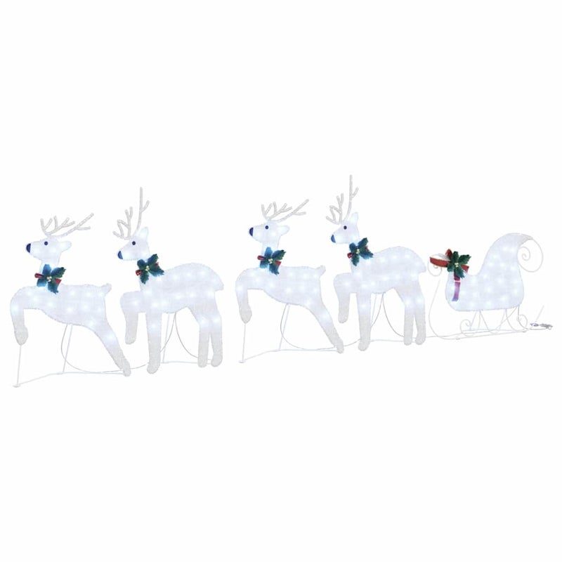 Renifery z Saniami LED 4 Renifery i Sanie z Tkaniny Zimna Biel 66 cm USB