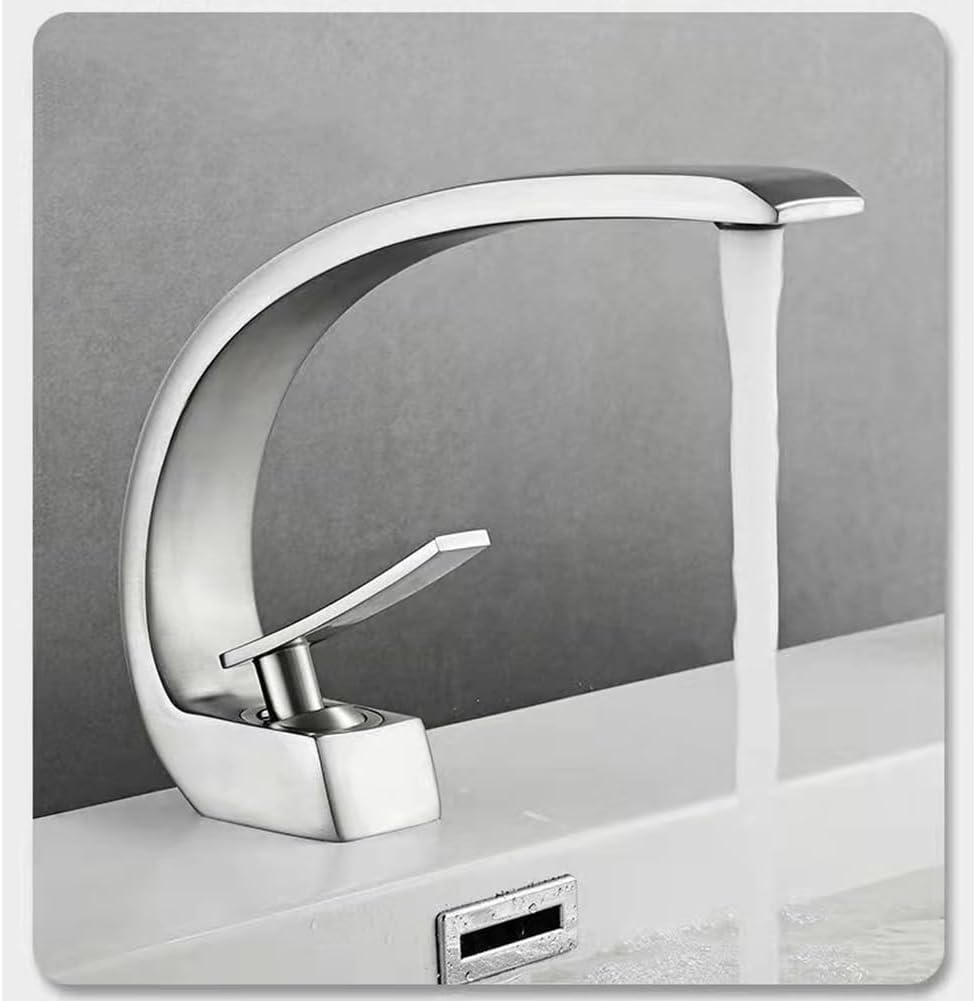 Bateria łazienkowa 1/3 otworowa, uchwyt pojedynczy, nowoczesny design w stylu księżycowym, w zestawie taca + wężyki, do umywalki/kampera (srebrny).