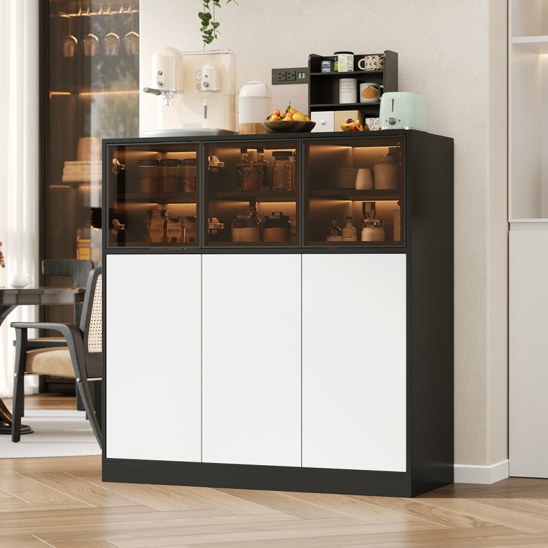 Nowoczesny bufet 100x40x105cm - z 3 szklanymi drzwiami i 3 białymi drzwiami - z LED - płyta wiórowa - Biały + Czarny
