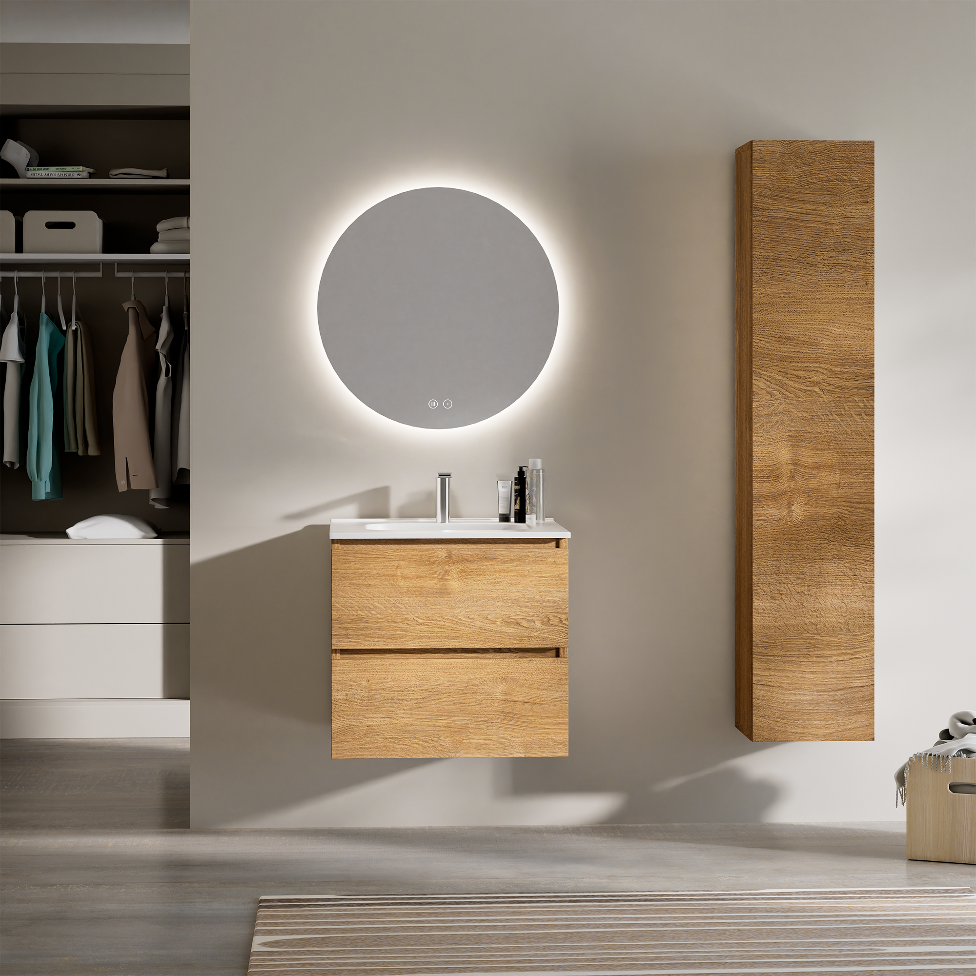 Feel Your Bath Zestaw mebli łazienkowych PANTER 60 cm, efekt drewna, 2 szuflady, biała umywalka ceramiczna, okrągłe lustro LED
