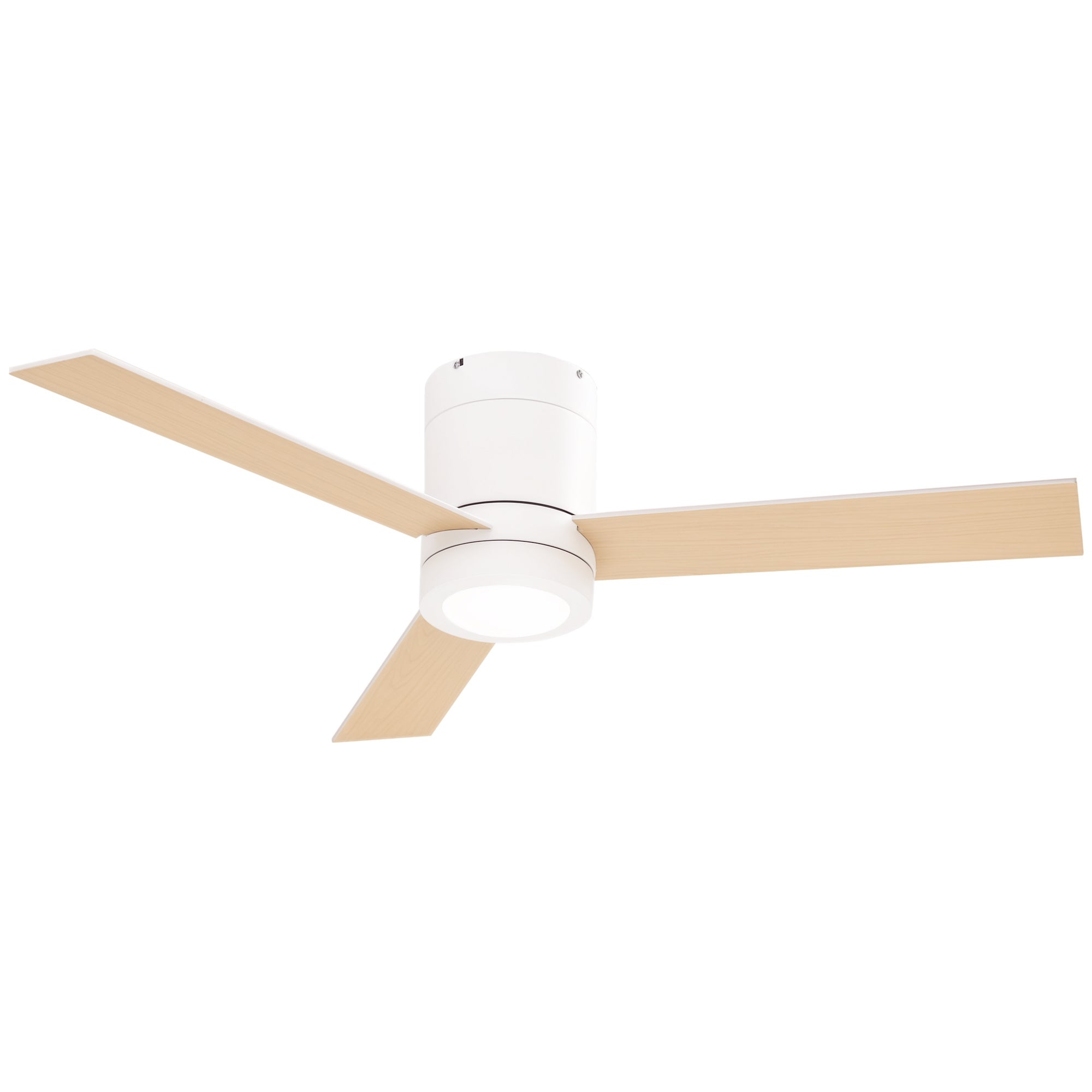 Wentylator sufitowy z silnikiem prądu przemiennego 48 W, oświetleniem LED, pilotem, 3 prędkościami i 3 drewnianymi łopatkami, Ø112 x 25 cm, biały