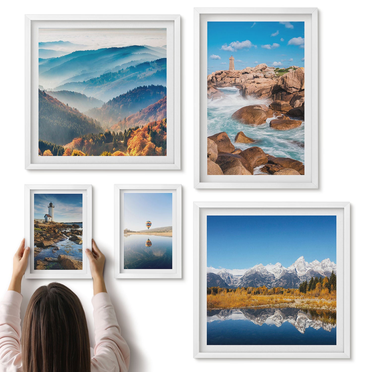 Galeria ścienna 5-częściowy komplet obrazów w białych ramach - Naturalne krajobrazy góry morze i latarnie morskie - ArtPrintCave