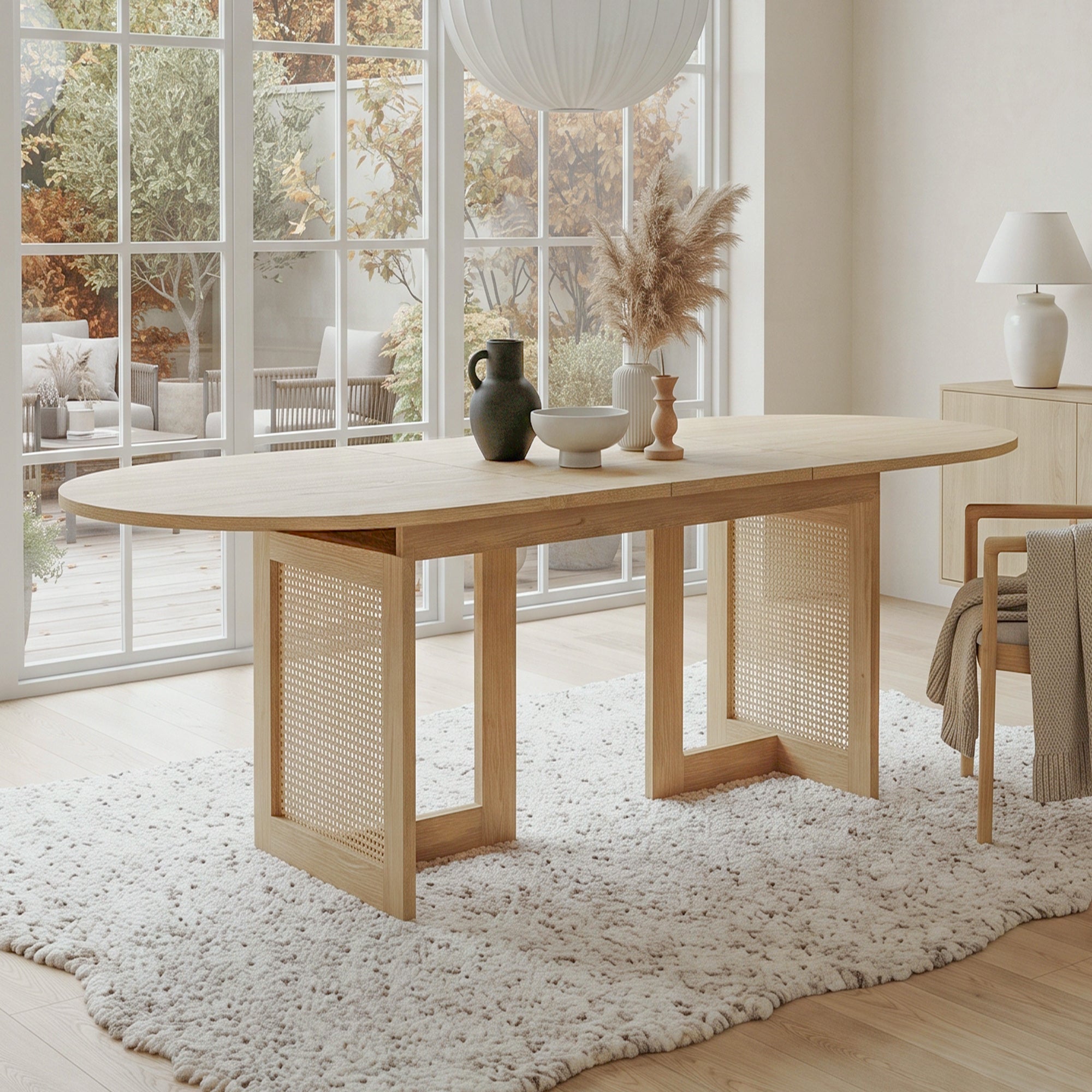 Owalny, rozkładany stół jadalny dla 4-6 osób z grubym blatem i nogami imitującymi rattan - MDF - 120/160 x 80 x 75 cm - Dąb