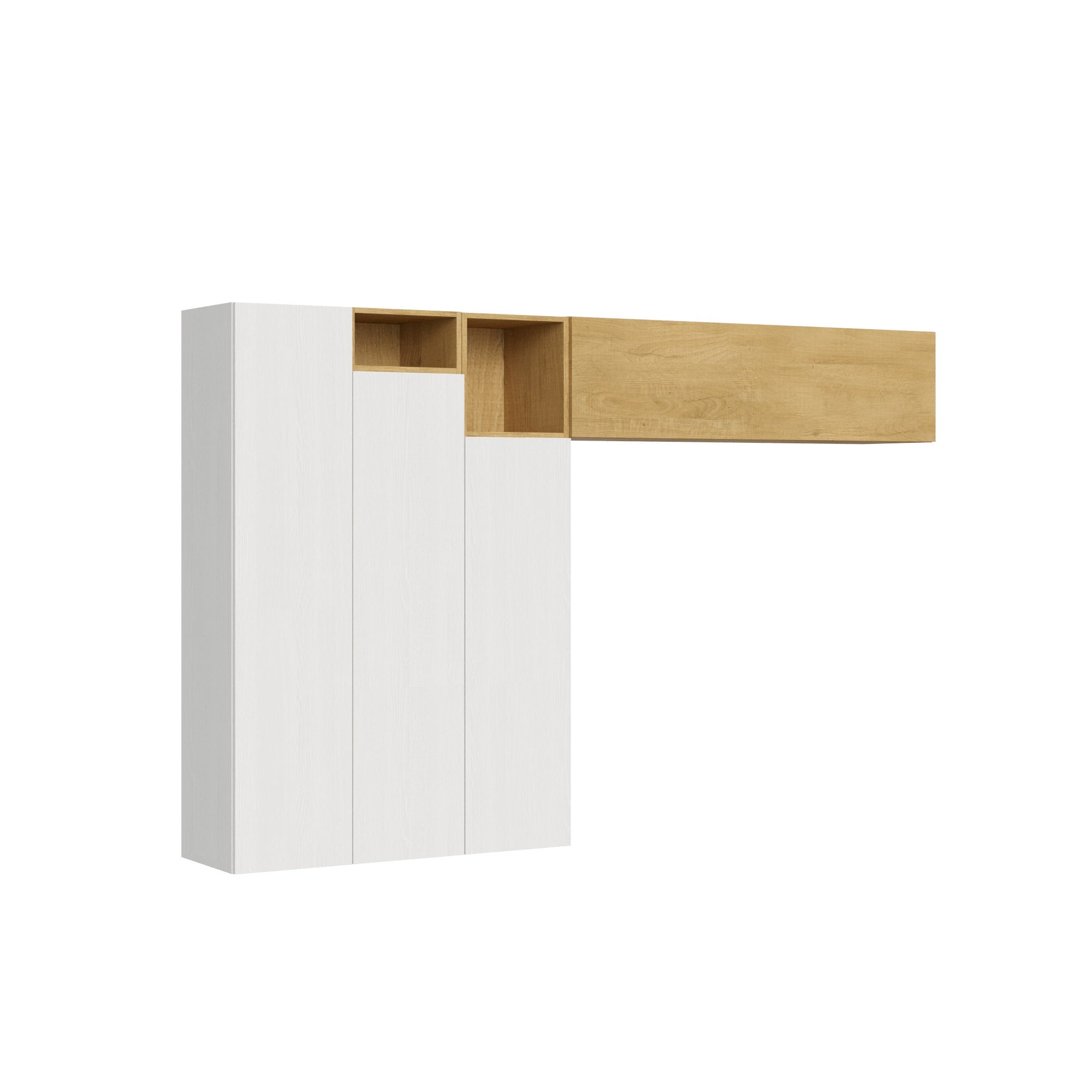 Mueble de pared para sala de estar Isoka A22, 274 cm de ancho, 174 cm de alto, 39,5 cm de profundidad, modular suspendido, color blanco y roble.