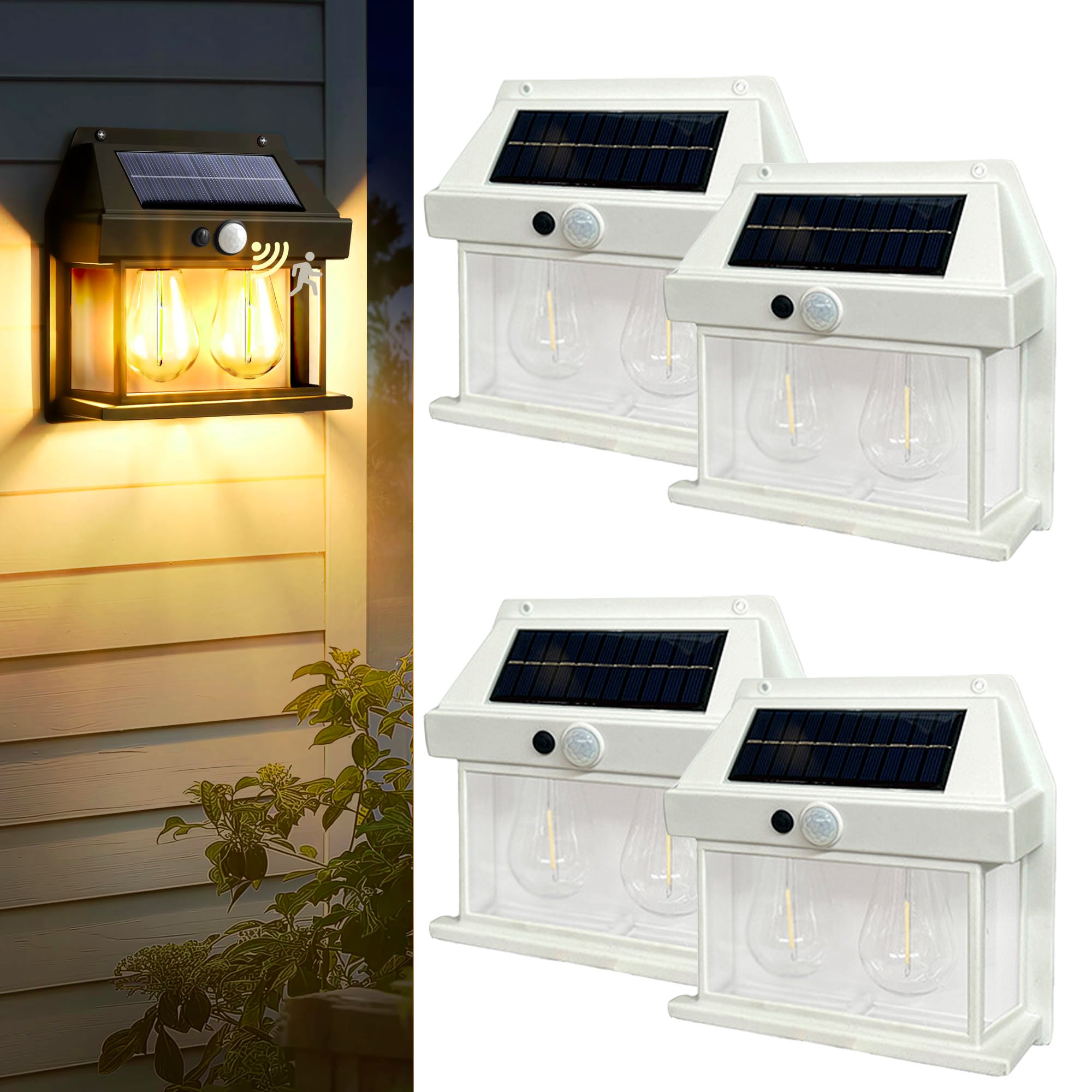 Zestaw 4 solarnych lamp ściennych z podwójną żarówką, 3 tryby i czujnik ruchu, wodoszczelne oświetlenie zewnętrzne na werandę, białe