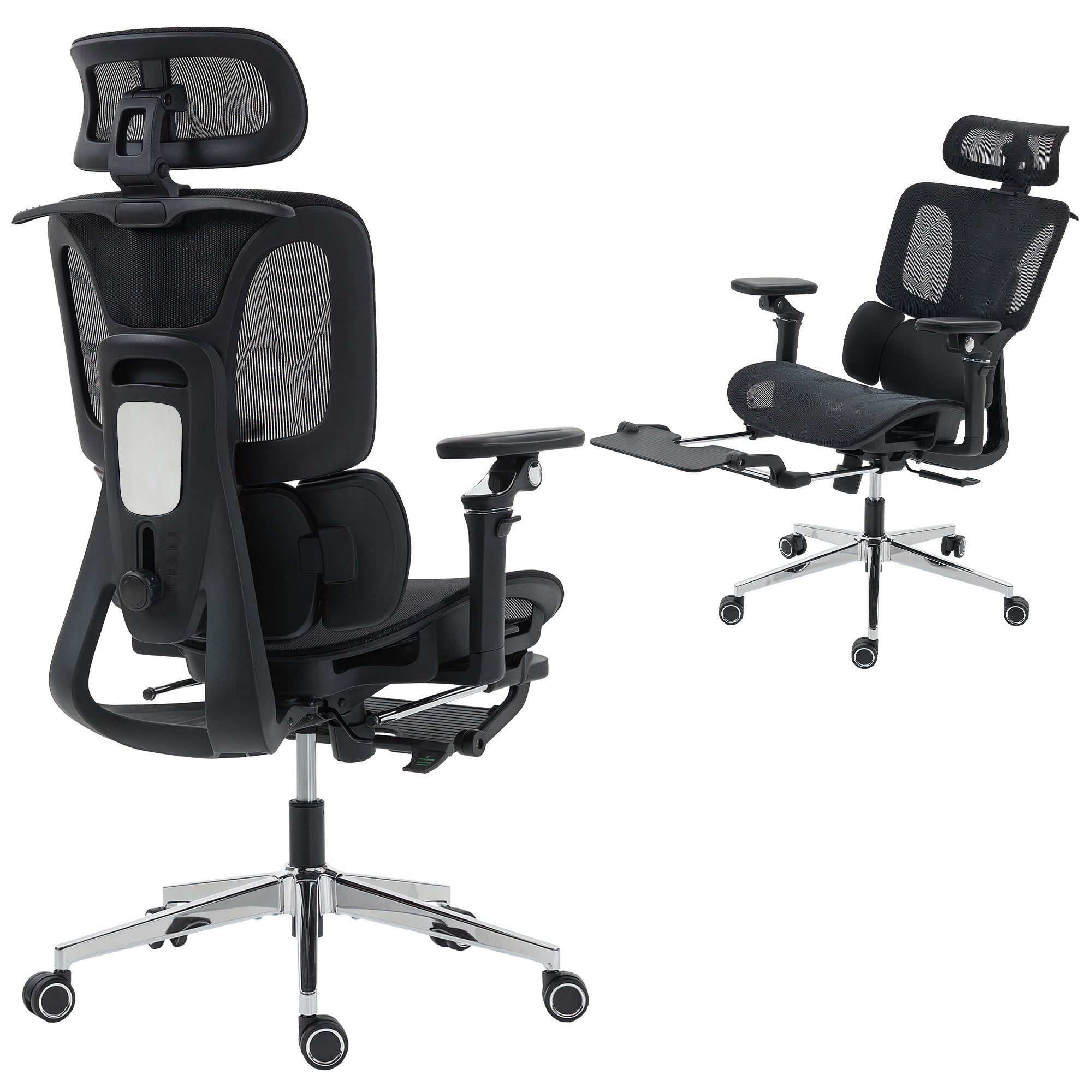 Ergonomiczny fotel biurowy z siatki z regulowanymi podłokietnikami, zagłówkiem i oparciem, funkcją bujania, czarny