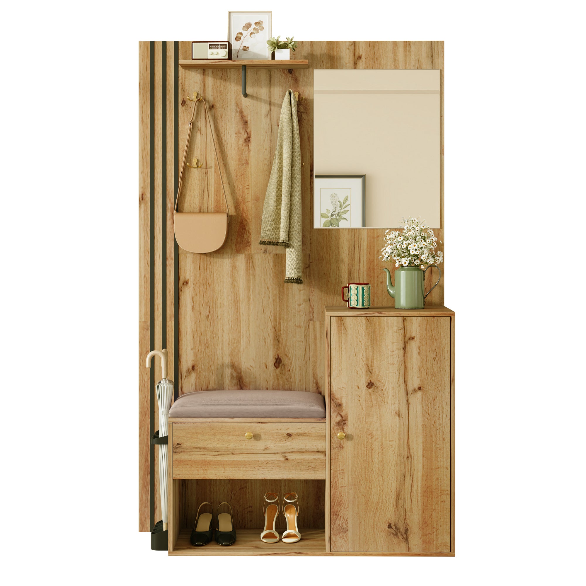 Zestaw szafek na buty z lustrem, 2 drzwiami, stojakiem na parasole i wieszakiem na ubrania - 115 x 37 x 185 cm - MDF - Naturalny