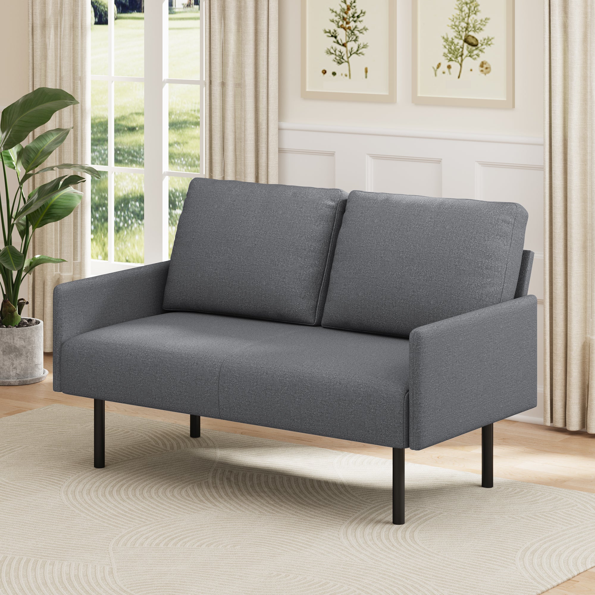 Kanapa 2-osobowa z tkaniny ręcznikowej szara ciemna 122x76x90cm,czarne metalowe nogi,przestrzeń kanapą 26cm do małego salonu i studia