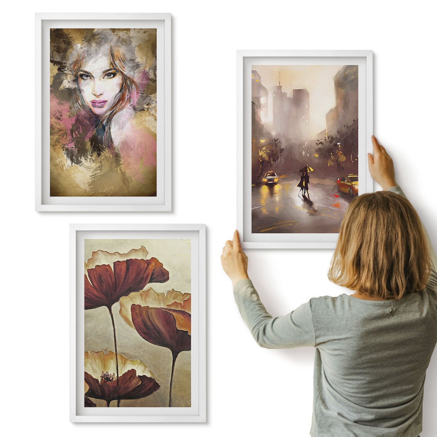 Galeria ścienna 3-częściowy komplet obrazów w białych ramach - Abstrakcja portret kobiety kwiaty miasto w deszczu - ArtPrintCave