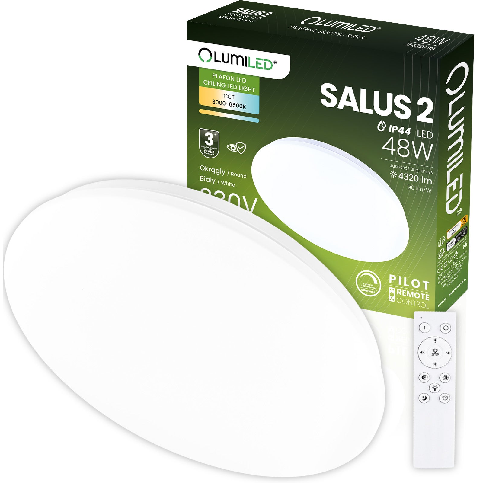 Plafon Lumiled Lampa Sufitowa Natynkowa 48W IP44 CCT Biały Okrągły 40cm z Pilotem 1 szt.