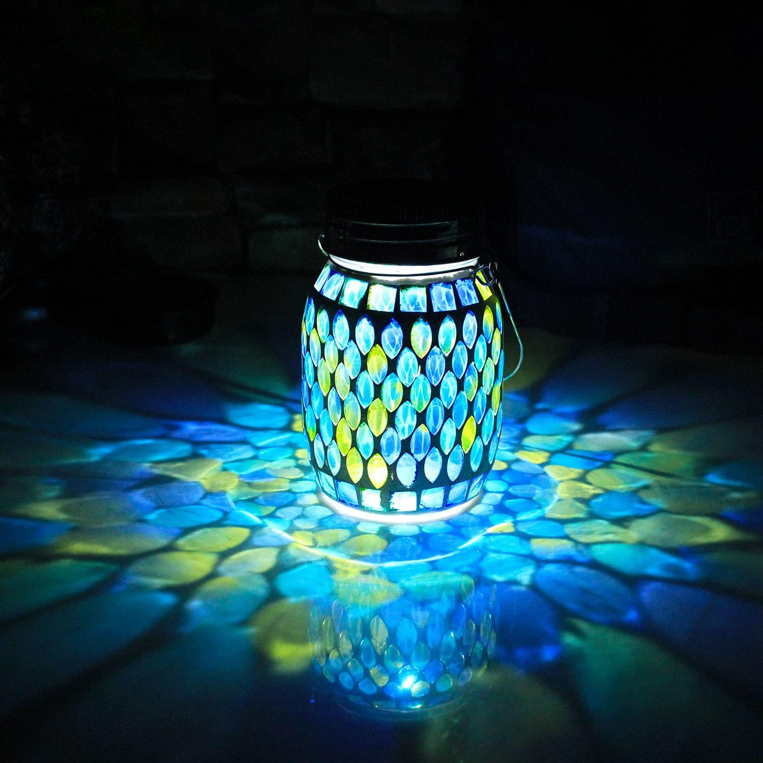 Wisząca lampa ogrodowa z mozaiką solarną, wodoodporna, dekoracyjna lampa ogrodowa, do ogrodu, na patio, podjazd i dziedziniec, niebieska