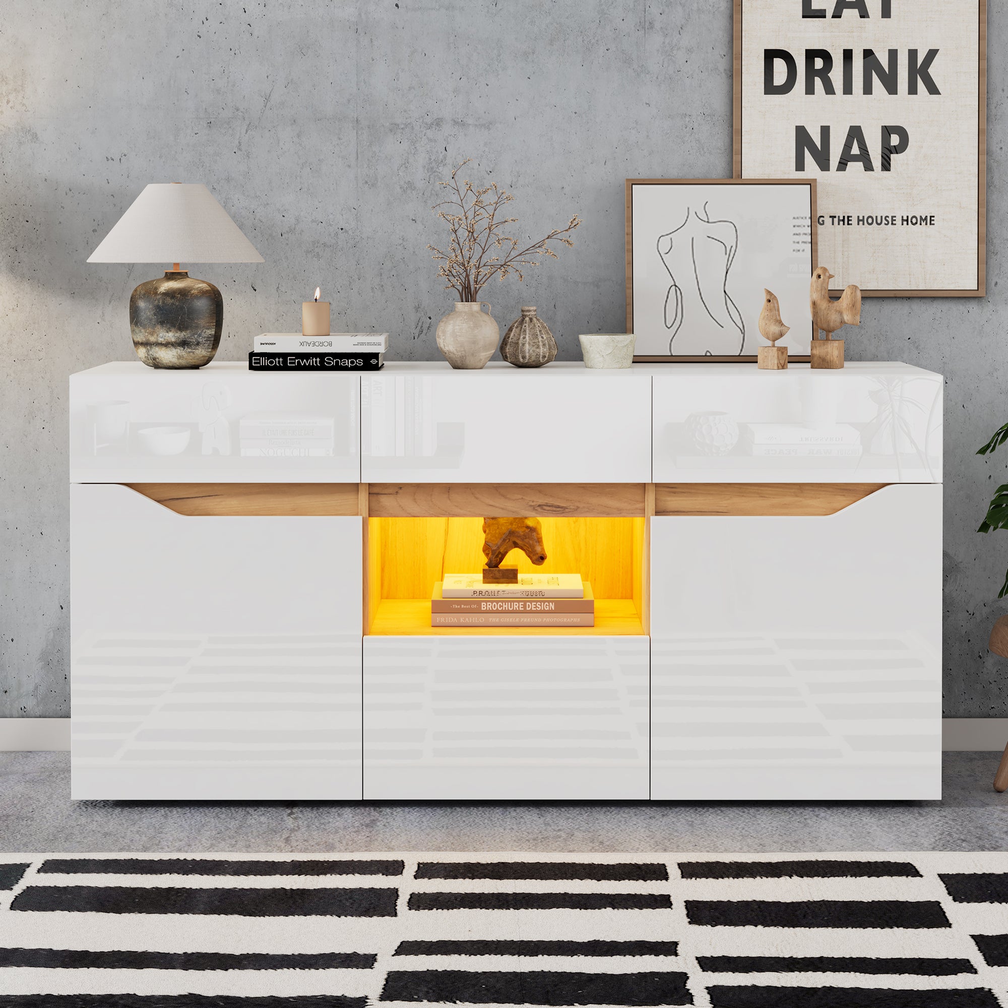 Komoda połysk 140x40x70cm - 4 szuflady i 2 drzwi - z oświetleniem LED - Biały + naturalny