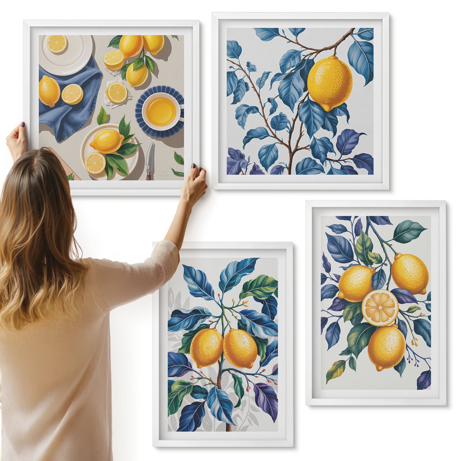 Galeria ścienna 4-częściowy komplet obrazów w białych ramach - Cytryny na gałęziach z błękitnymi liśćmi - ArtPrintCave