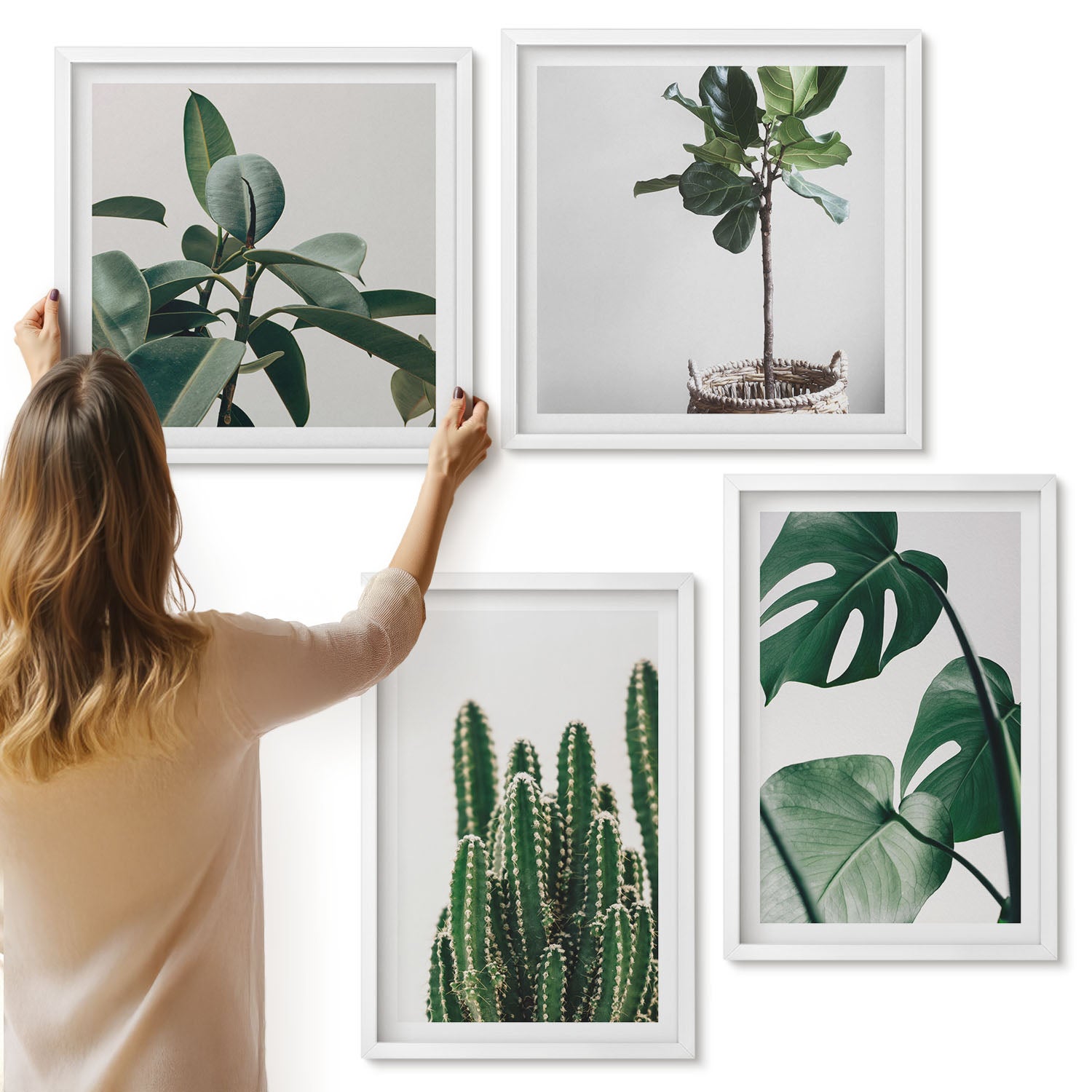 Galeria ścienna 4-częściowy komplet obrazów w białych ramach - Tropikalne rośliny domowe estetyczne liście - ArtPrintCave