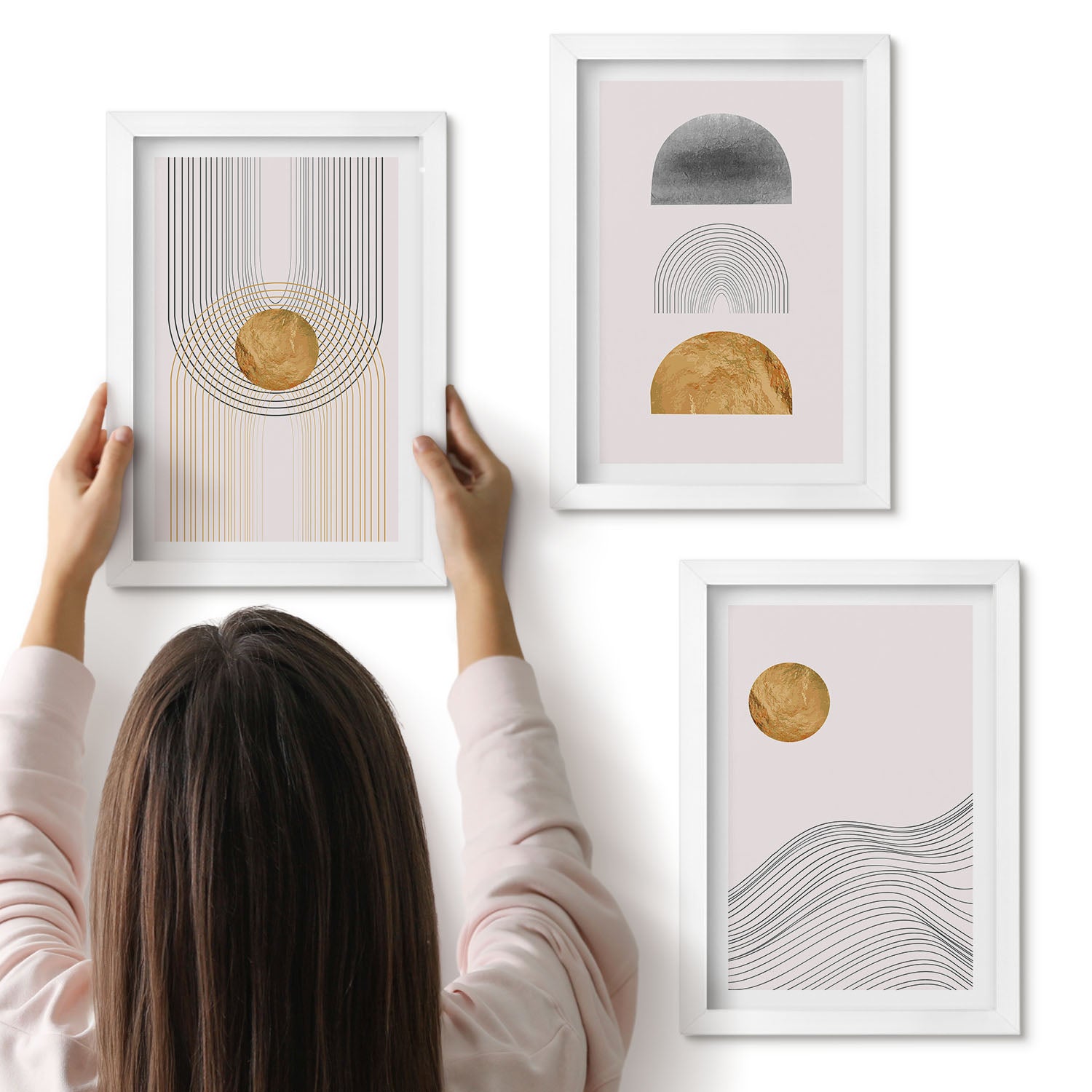 Galeria ścienna 3-częściowy komplet obrazów w białych ramach - Abstrakcyjne kształty i linie w odcieniach beżu i szarości - ArtPrintCave