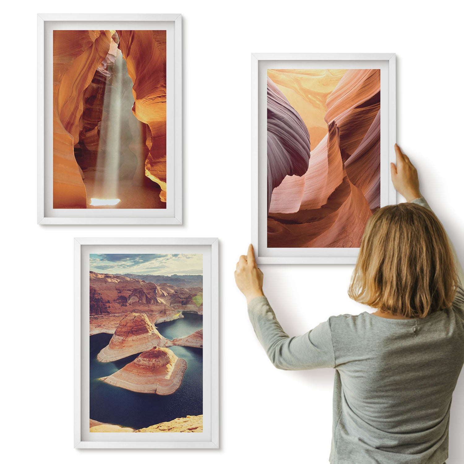 Galeria ścienna 3-częściowy komplet obrazów w białych ramach - Wodospad w wąwozie formacje skalne w kanionie - ArtPrintCave