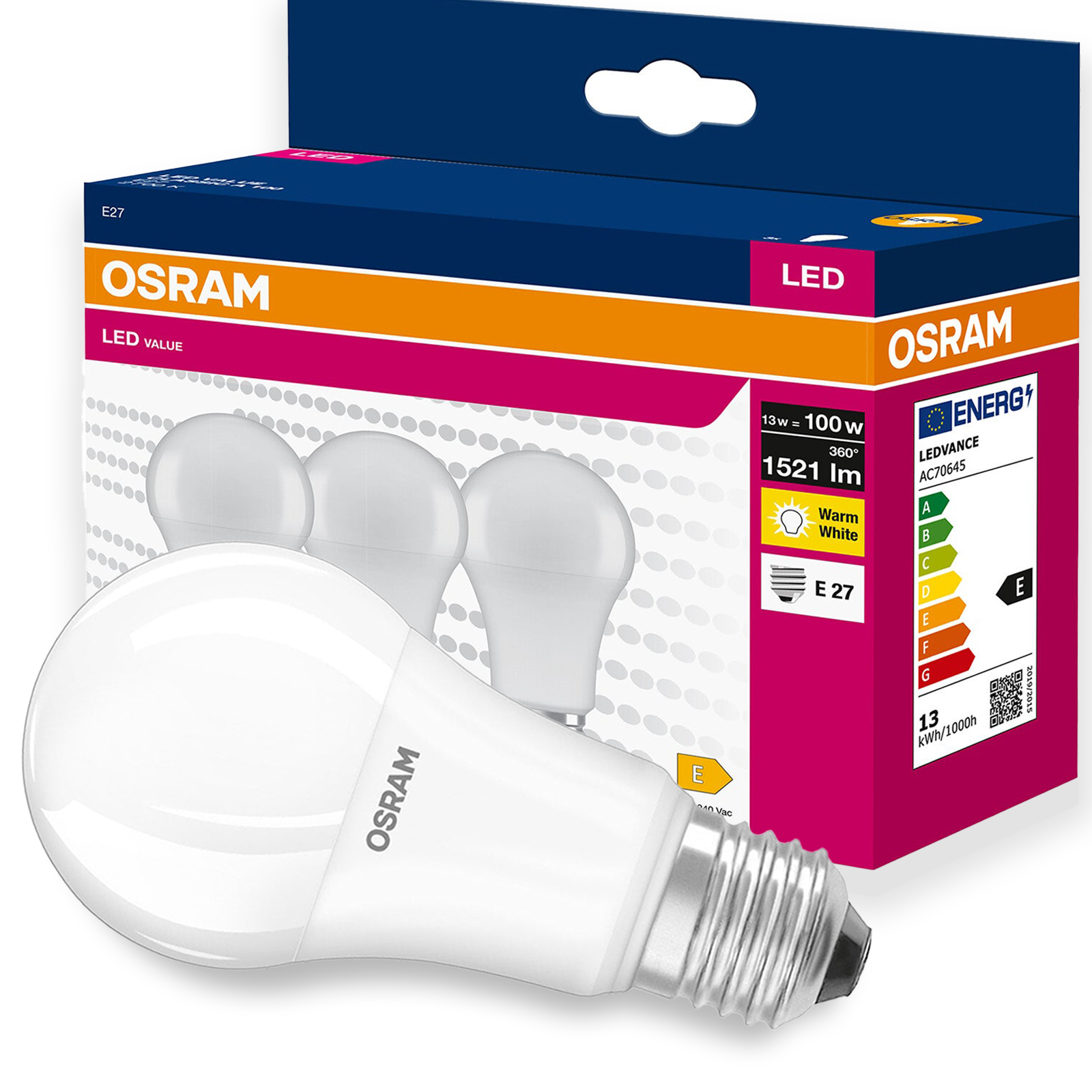 3x Żarówka LED E27 A60 13 W = 100 W 1521lm 2700K Ciepła biel 150st. VALUE CLASSIC Osram