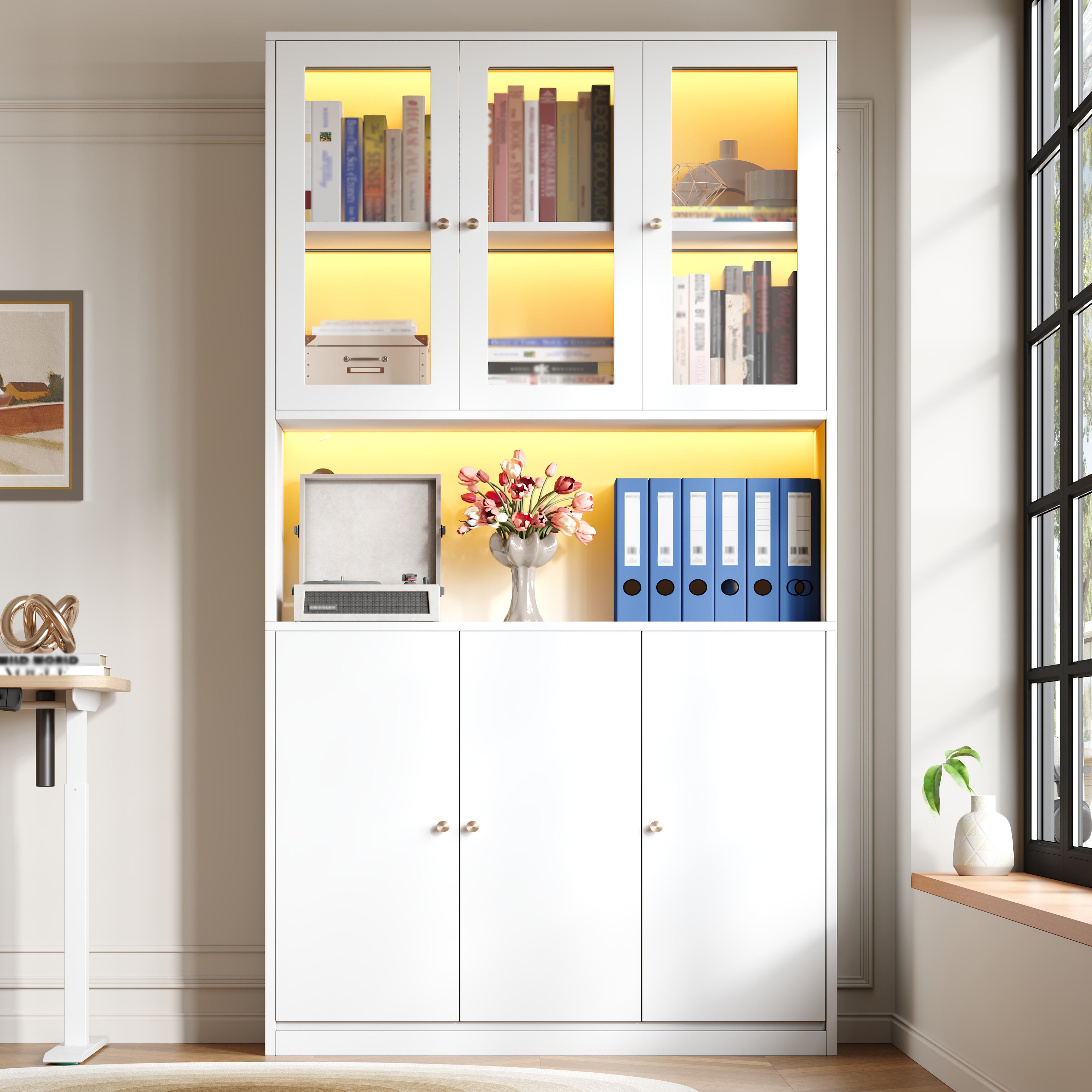 Regał z 3 szklanymi i 3 drewnianymi drzwiami, witryna - 100 x 35 x 200 cm - MDF - diody LED - do salonu i kuchni - biały