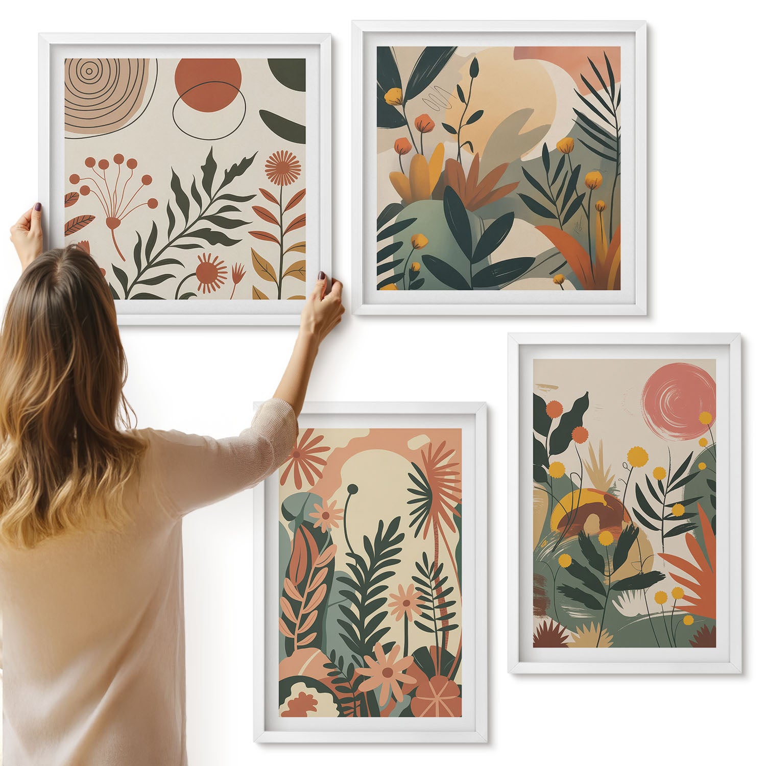 Galeria ścienna 4-częściowy komplet obrazów w białych ramach - Roślinne wzory vintage w odcieniach pastelowych - ArtPrintCave