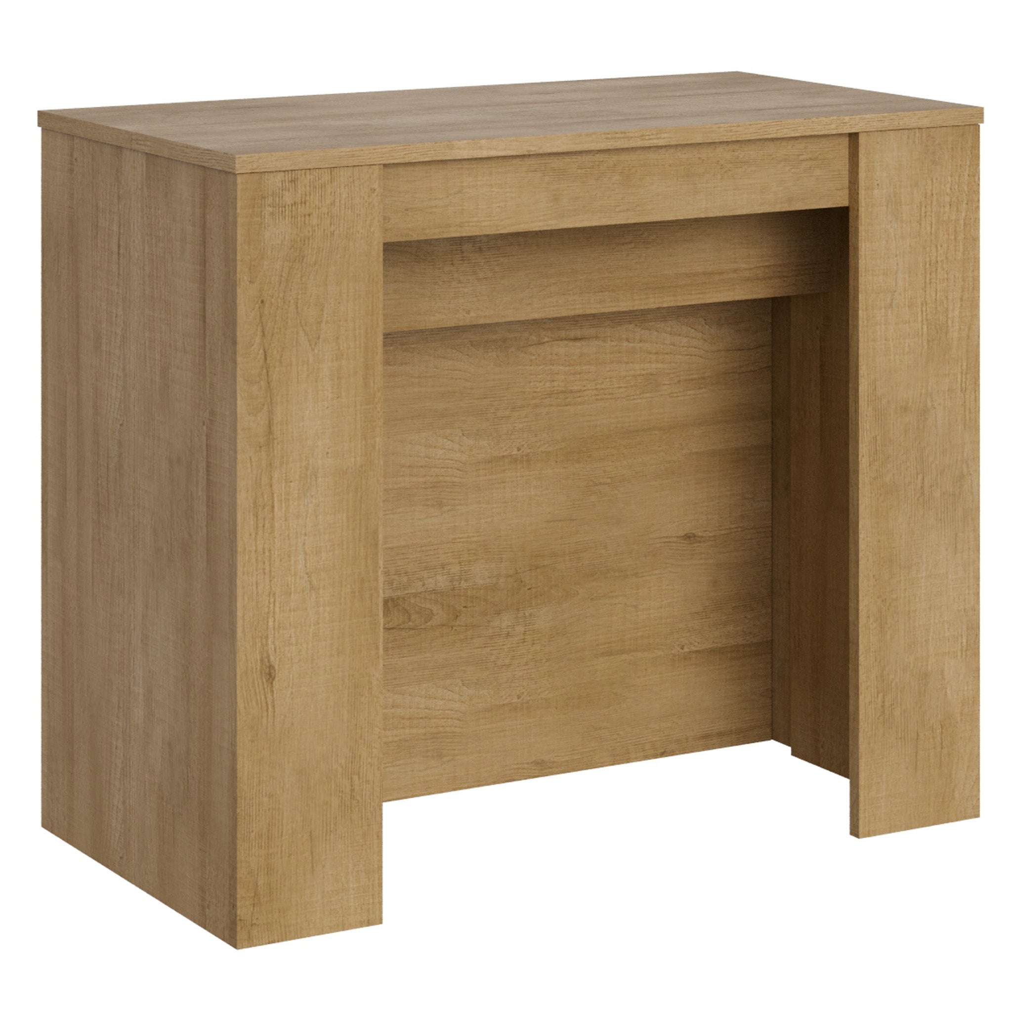 Consola Venus de roble natural, 90x48 cm, extensible hasta 296 cm con extensiones internas.