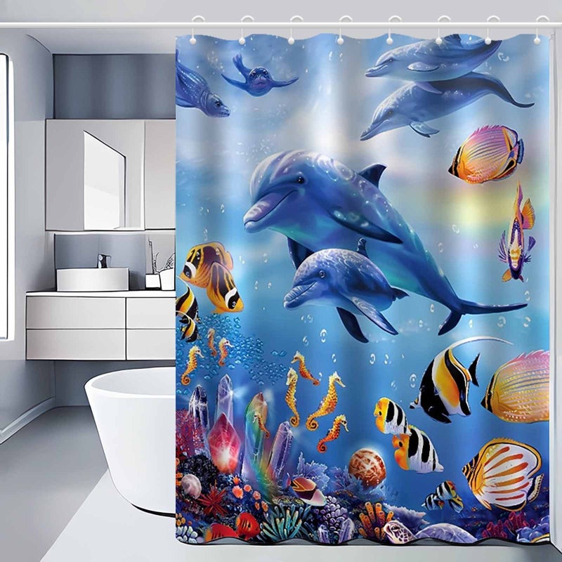 Zasłona prysznicowa z motywem delfina, luksusowa, elegancka zasłona do łazienki, 90 x 180 cm, 12 haczyków