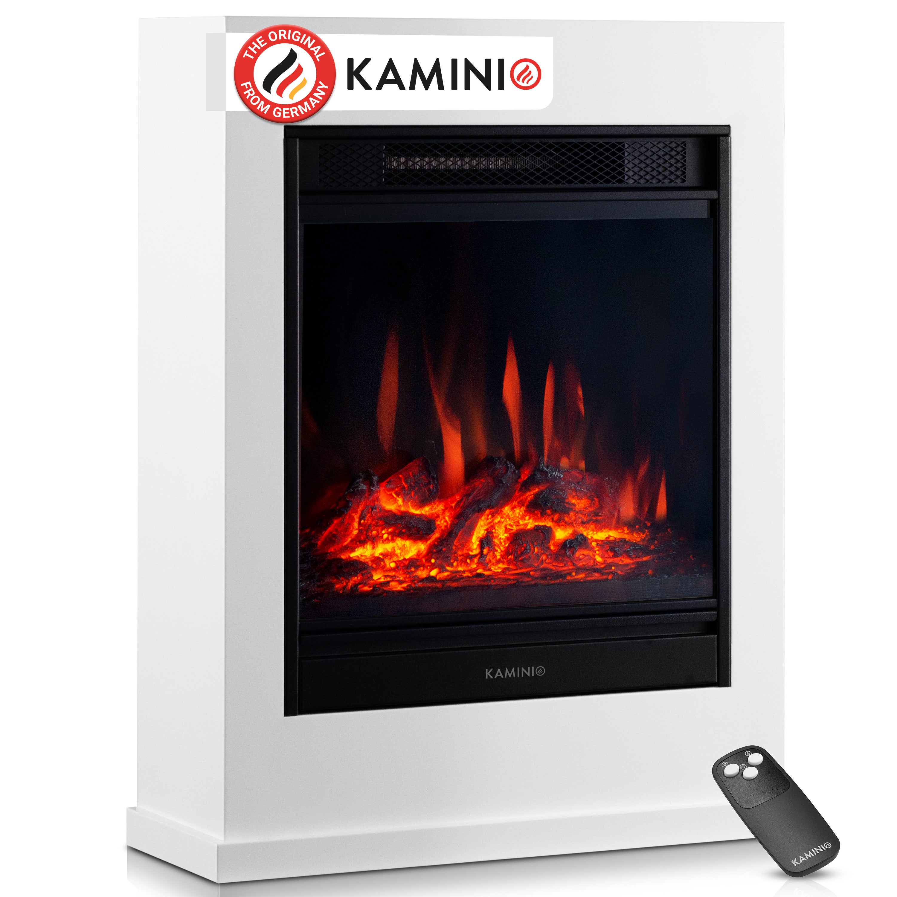 KAMINIO Kominek elektryczny KALLE – stojący kominek elektryczny z funkcją ogrzewania, efektem płomienia 3D, pilotem – Biały