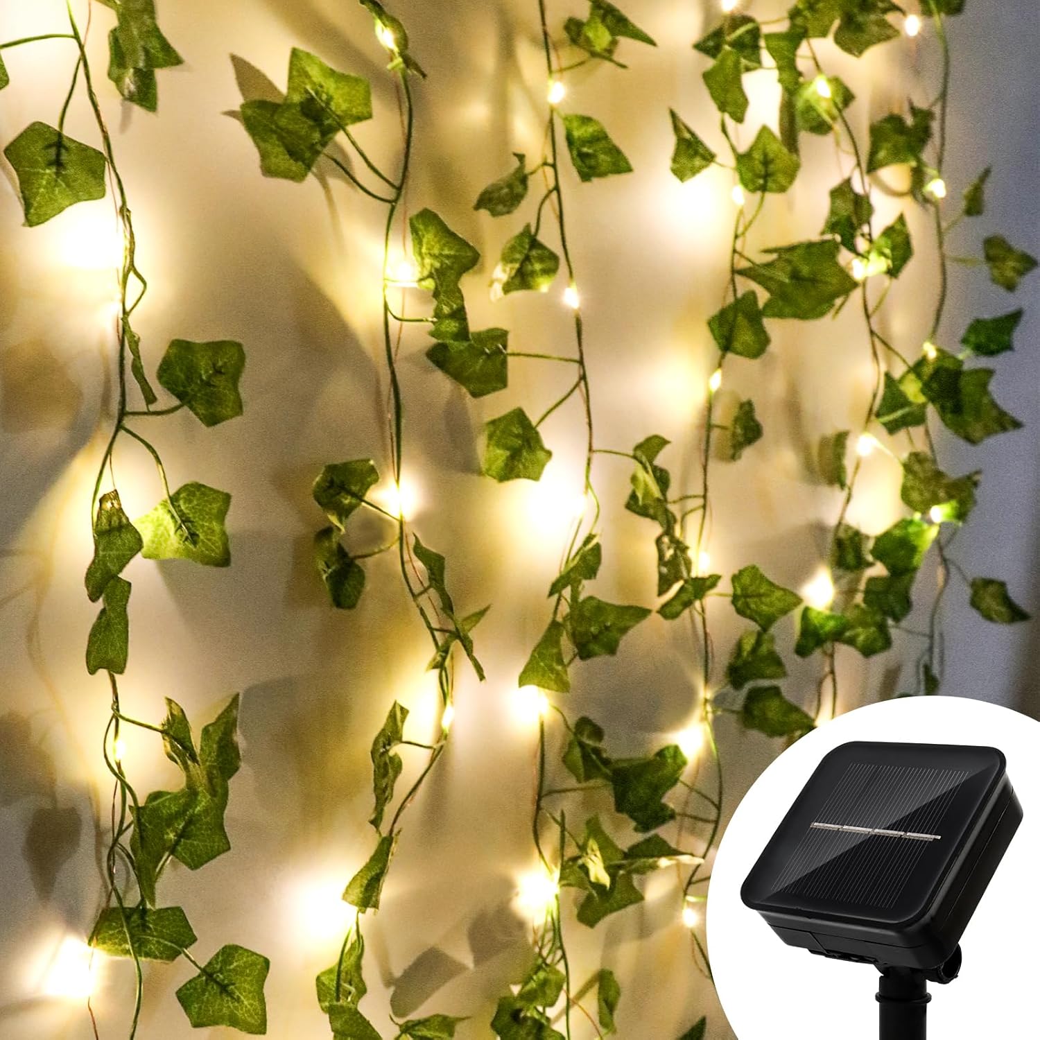 Lampki solarne, 12 m, 100 diod LED, sztuczny bluszcz, idealne na ogrodowe przyjęcie lub na Boże Narodzenie