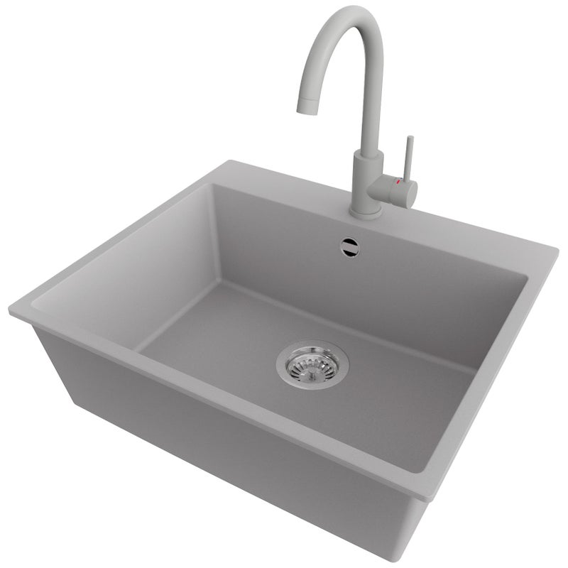 Zlewozmywak Granitowy Szary 58x50cm, Zlew Kuchenny 1 Komorowy + Bateria 32x20cm + Syfon, Nablatowy do szafki od 60cm - Ryga PRIMAGRAN