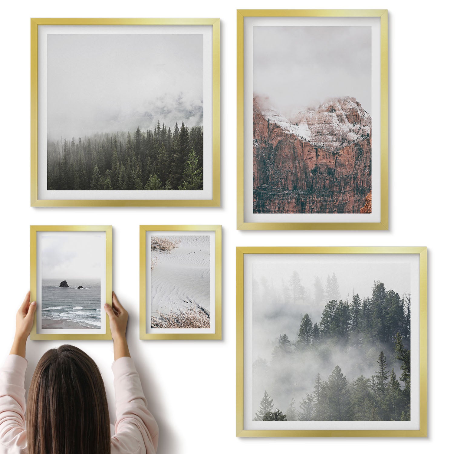 Galeria ścienna 5-częściowy komplet obrazów w złotych ramach - Naturalne krajobrazy góry lasy i wybrzeża w chmurach - ArtPrintCave