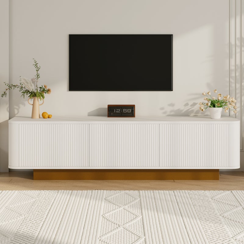 Nowoczesny stolik RTV 170x40x47 cm - okrągły design - 3 drzwi - regulowane półki - biały