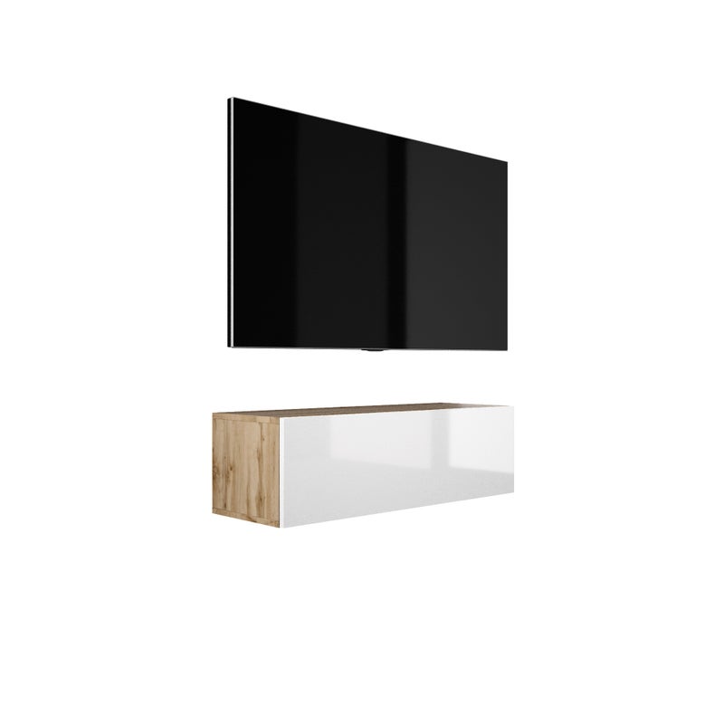 Zawieszana szafka RTV, 100 x 34 x 32 cm, Dąb Wotan / Biały Błyszczący