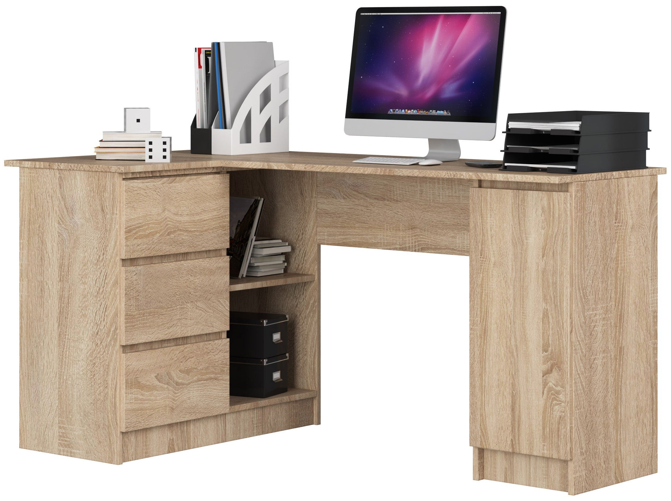 Biurko narożne AKORD B20 Dąb Sonoma 155 cm lewe 1 drzwi 3 szuflady kolor Dąb Sonoma mat 4 półki 155x85x77 cm