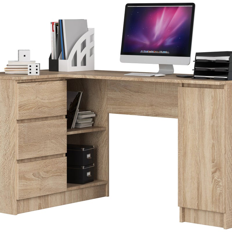 Biurko narożne AKORD B20 Dąb Sonoma 155 cm lewe 1 drzwi 3 szuflady kolor Dąb Sonoma mat 4 półki 155x85x77 cm