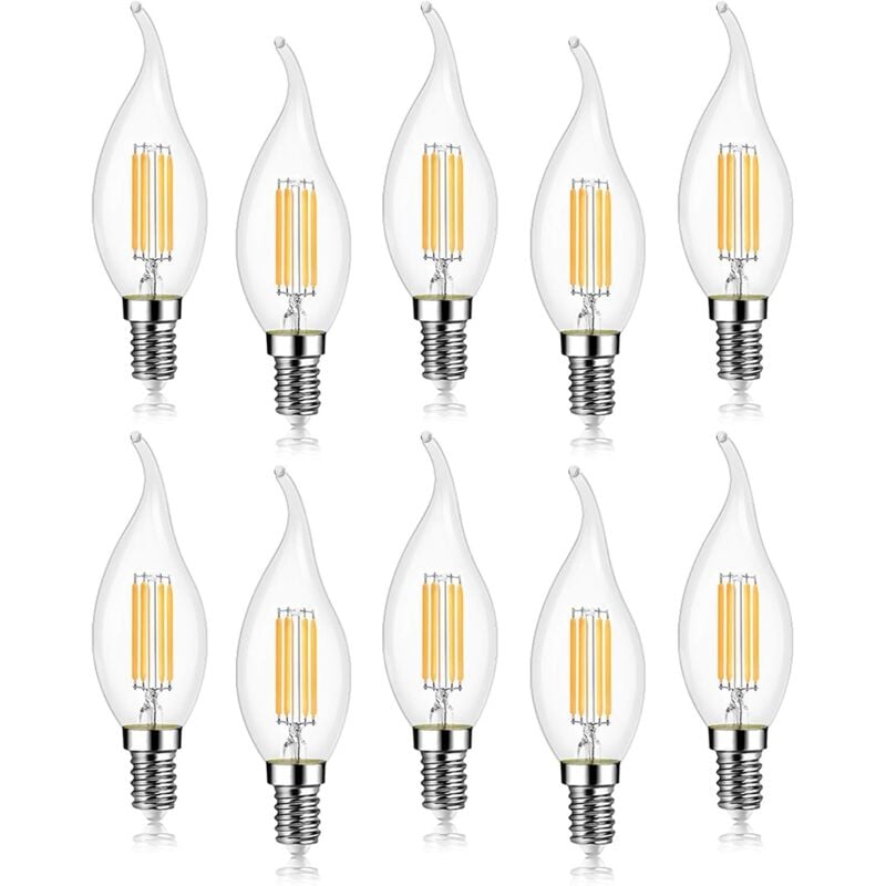 Zestaw 10 żarówek LED E14 4W z żarnikiem 470LM, kształt płomienia świecy, zimna biel 6000K, bez możliwości ściemniania, kąt świecenia 360°