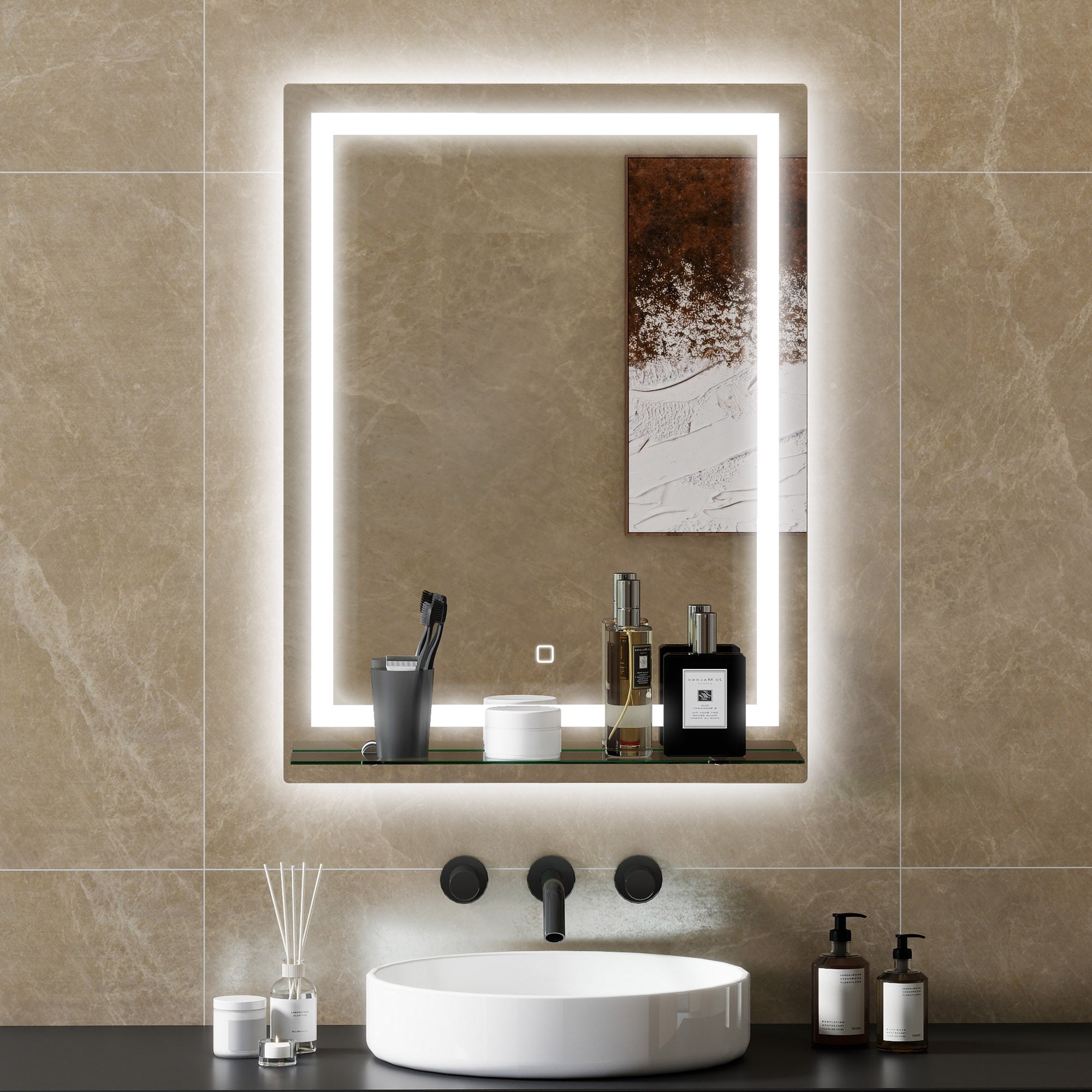 Lustro łazienkowe LED 60x80 cm ze szklaną półką, włącznik dotykowy, 3 kolory światła do makijażu