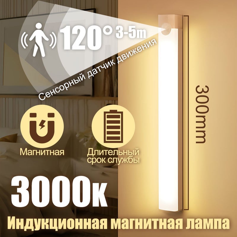 Akumulatorowa lampa LED z 3 trybami i czujnikiem ruchu – magnetyczna bezprzewodowa taśma świetlna do szafy, korytarza, garderoby