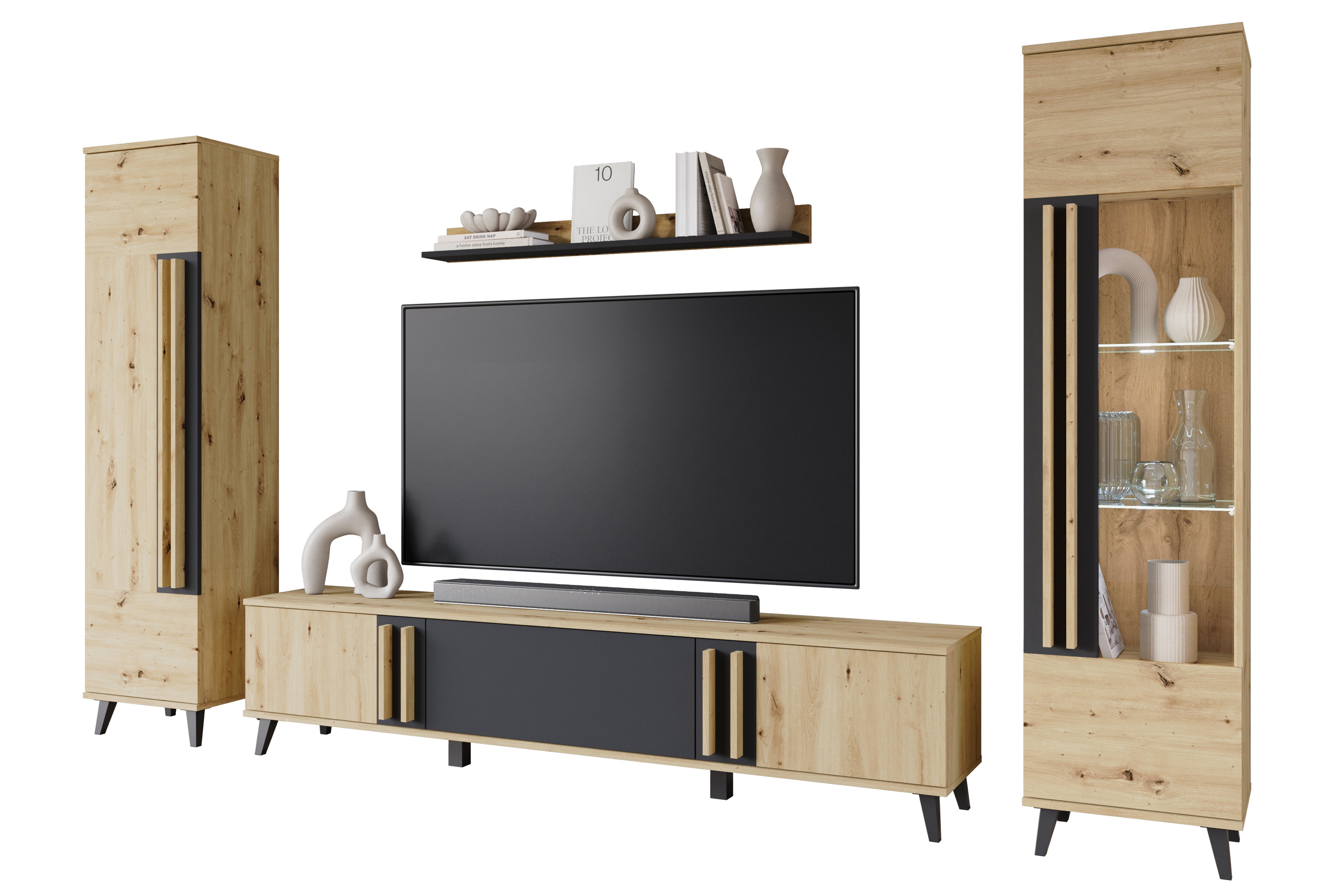 MINIO go for it, Meblościanka HURON II dąb artisan/czarny z oświetleniem LED