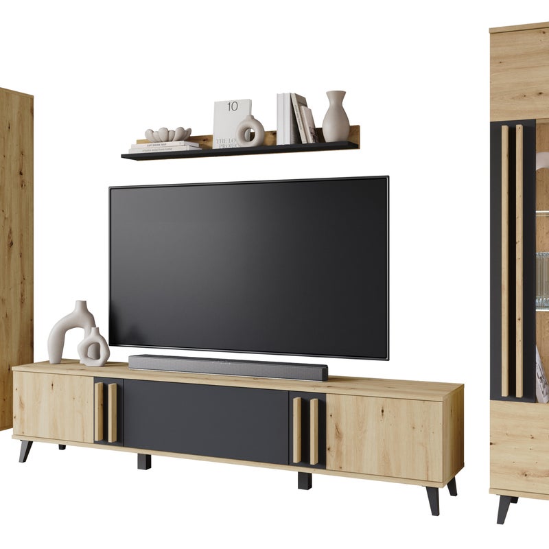 MINIO go for it, Meblościanka HURON II dąb artisan/czarny z oświetleniem LED