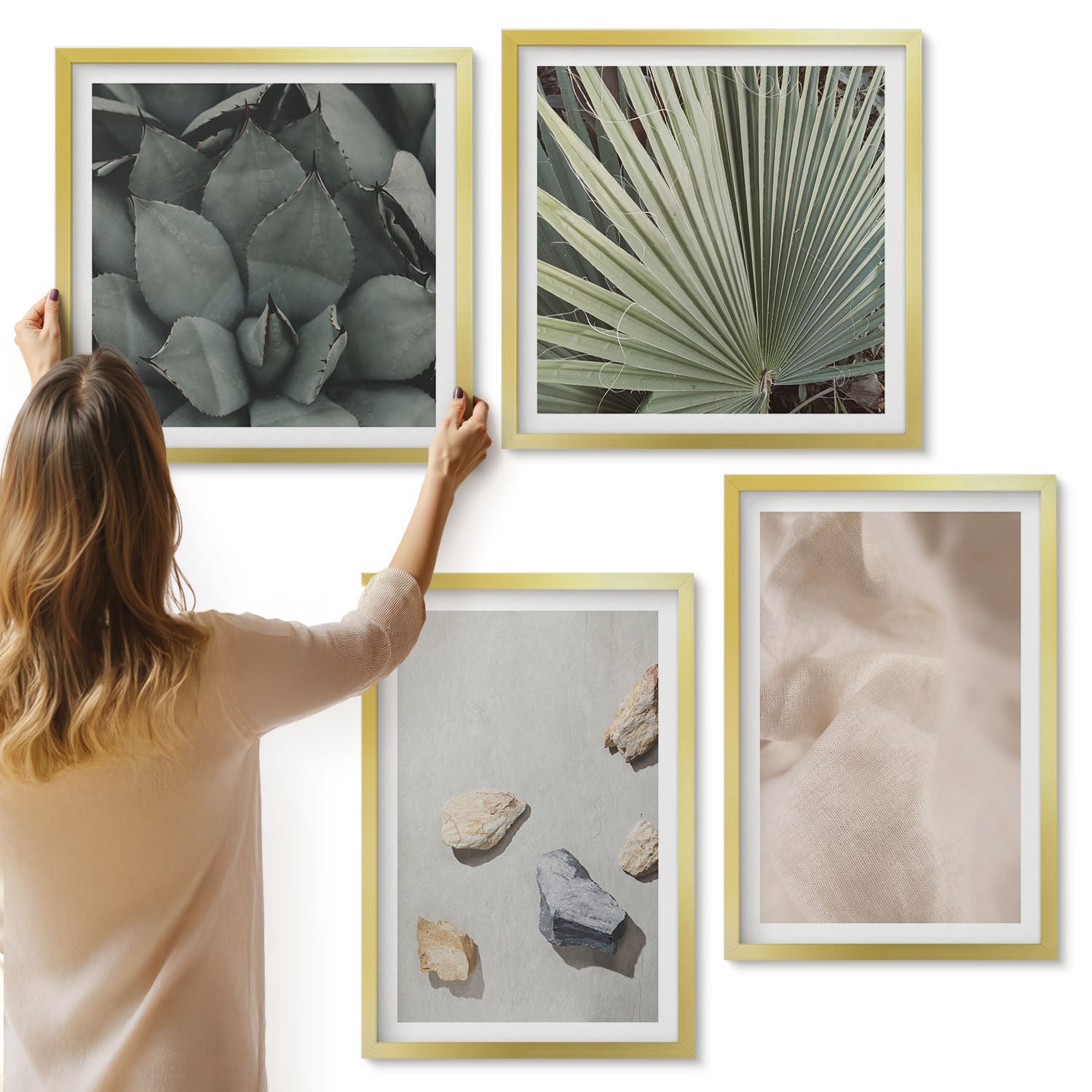 Galeria ścienna 4-częściowy komplet obrazów w złotych ramach - Kamienie drewno tkanina różne tekstury - ArtPrintCave