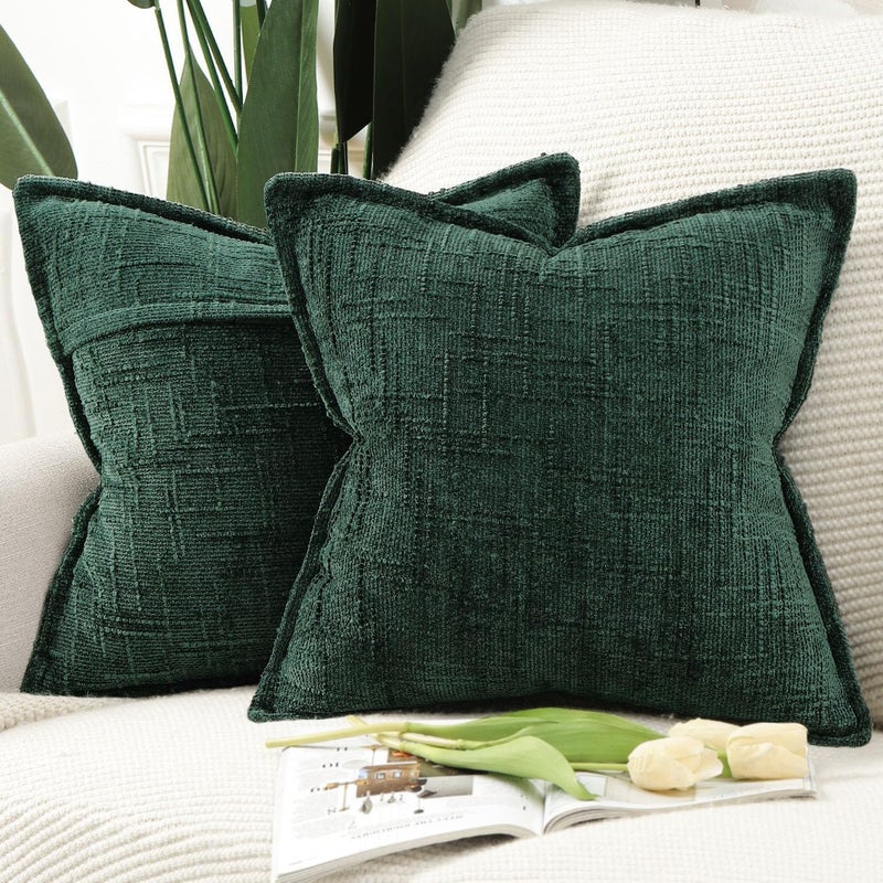Zestaw 2 dekoracyjnych poszewek na poduszki z szenili, 45 x 45 cm, na sofę, fotel, styl boho, dekoracyjna poduszka na łóżko, do salonu, kolor zielony.