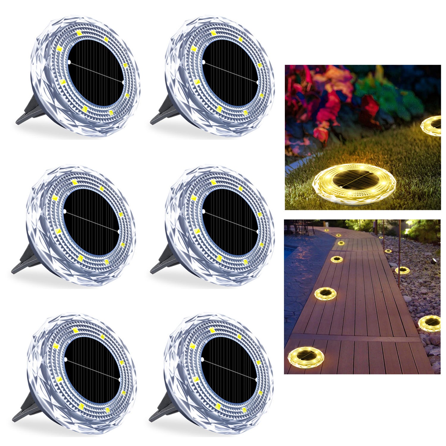 Zestaw 6 lampionów solarnych, 8 diod LED IP65 wodoodpornych, Lampy solarne do ogrodu na trawniku, w alei, przy basenie, ciepła biel