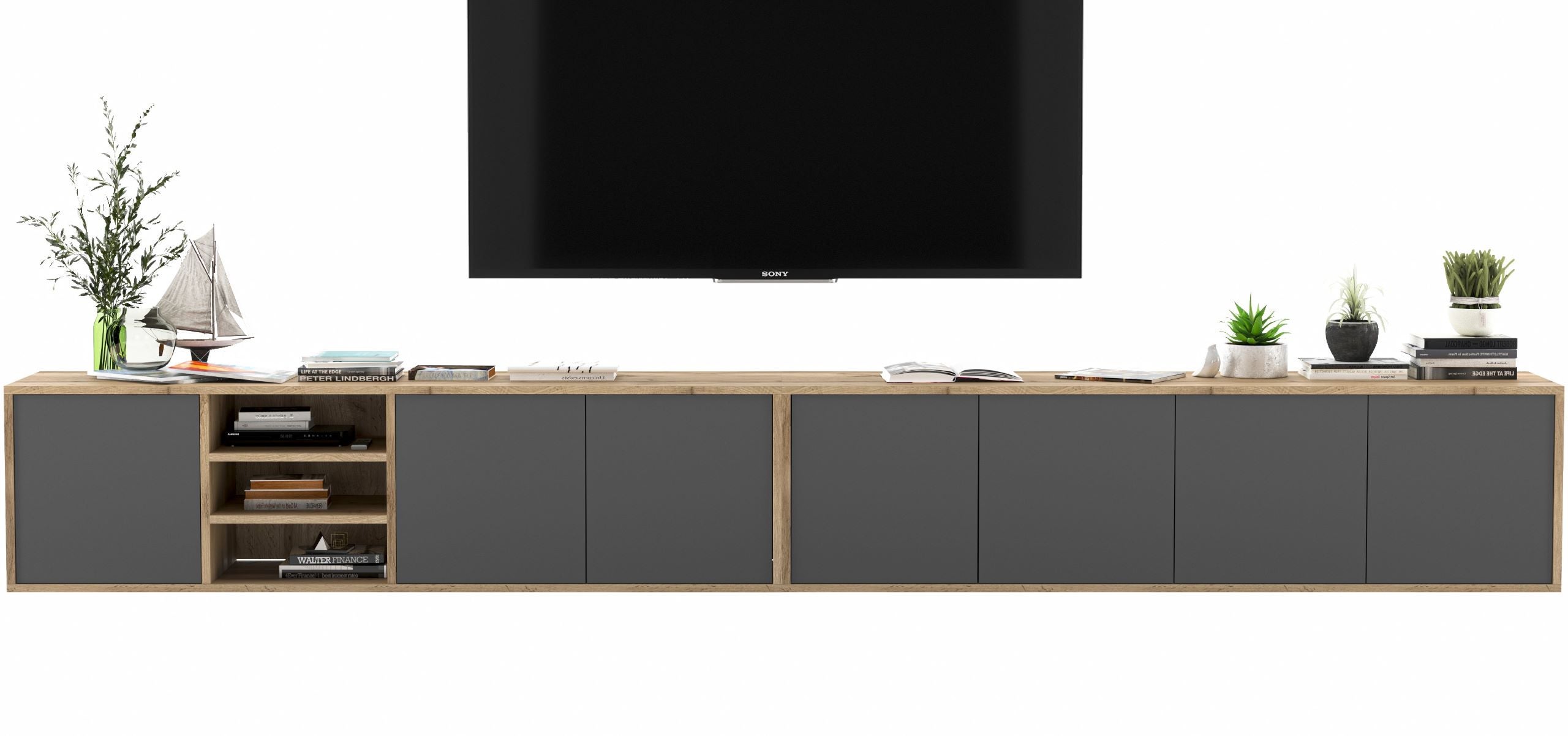 Wisząca szafka RTV Loft 300 cm grafit mat, nowoczesna szafka pod telewizor do salonu