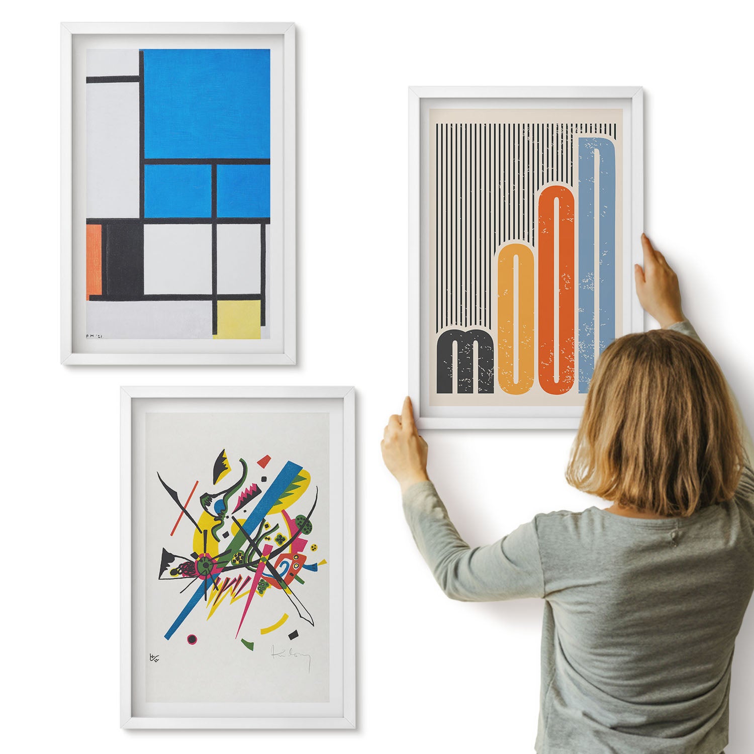 Galeria ścienna 3-częściowy komplet obrazów w białych ramach - Abstrakcyjne nowoczesne kompozycje geometrycznymi kształtami - ArtPrintCave