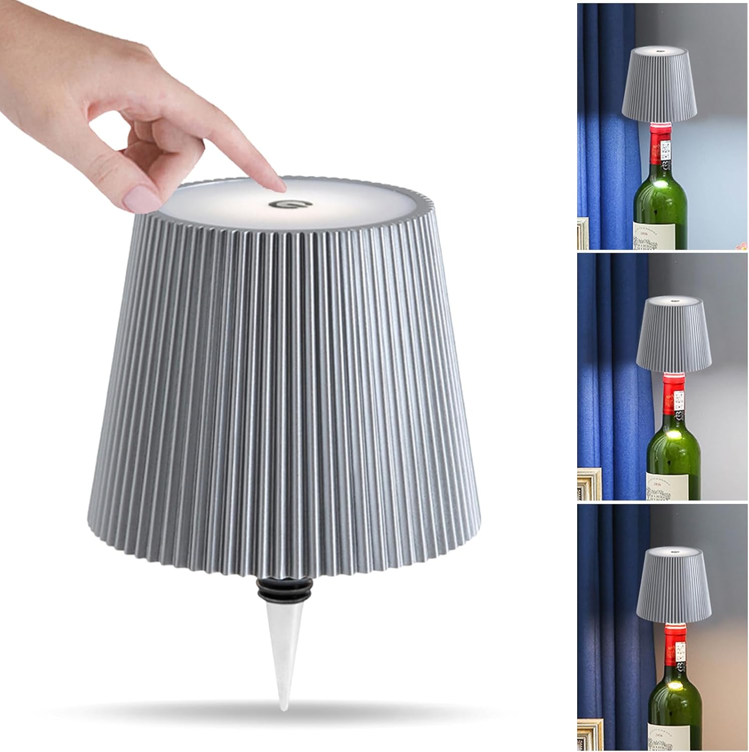 Akumulatorowa lampa stołowa z funkcją dotyku, bezprzewodowa lampa LED do butelek wina, 3 temperatury barwowe, odpowiednia do sypialni i baru (srebrna)