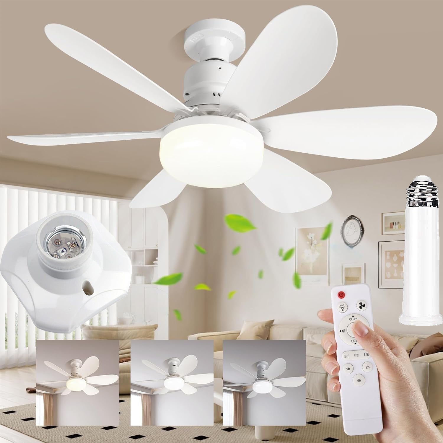 Wentylator sufitowy 52 cm z przedłużką i gniazdem E27, mały wentylator sufitowy LED, trzy temperatury barwowe, 6 łopatek, 3 prędkości, timer